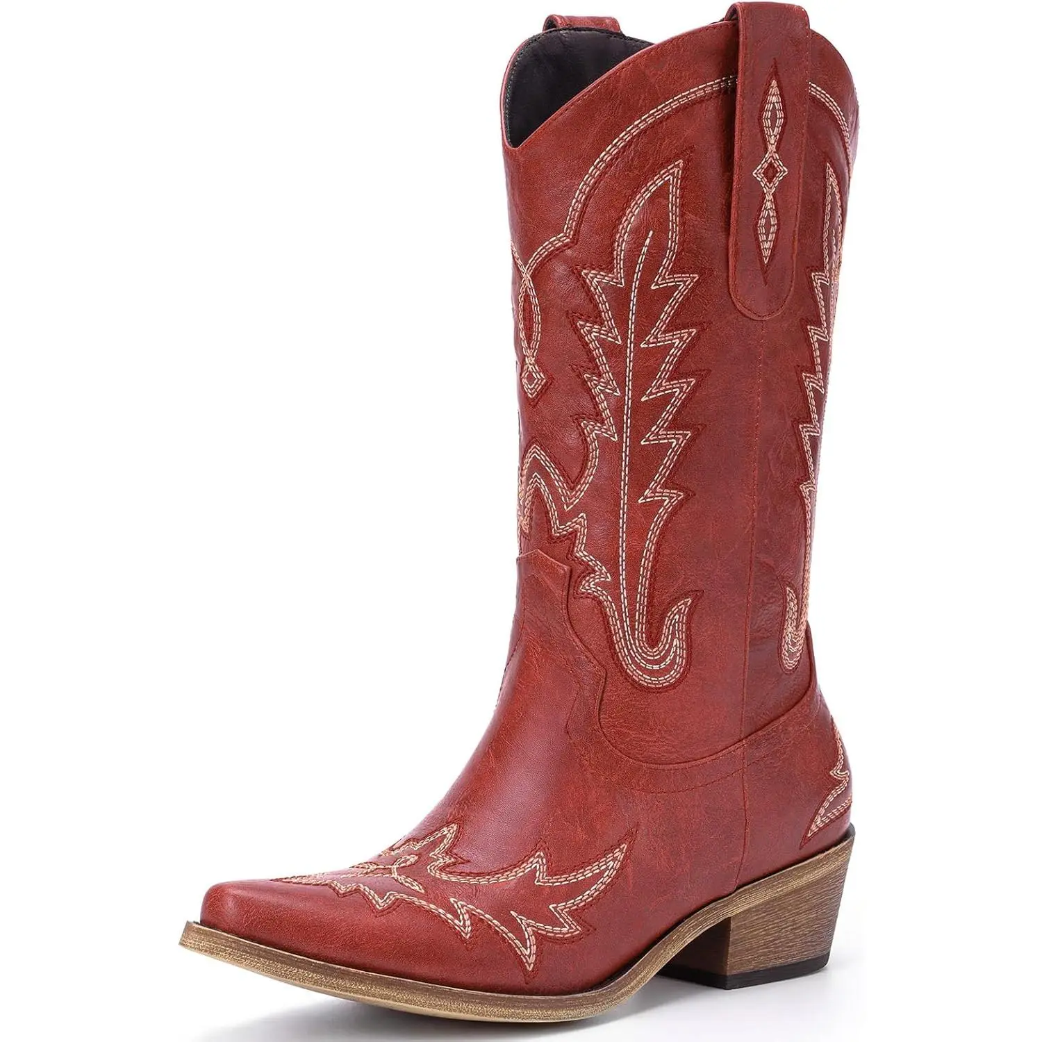 Rivalran Cowboy Boots for Women - Cowgirl Boots with Embroidery, Chunky Heel Pointed Toe Pull-on Vintage Western Mid Calf Fashion Boots for Ladies