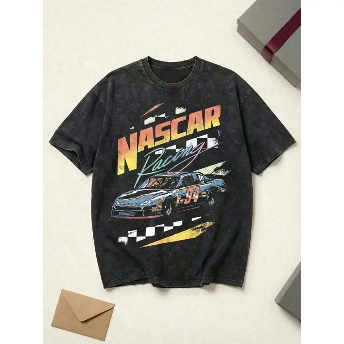 Unisex NASCAR Racing 94 Distressed Print Loose-Fit Cotton T-Shirt - Retro 90s Acid Washed Oversized Plus Size Couple Streetwear Top for Racing Fans