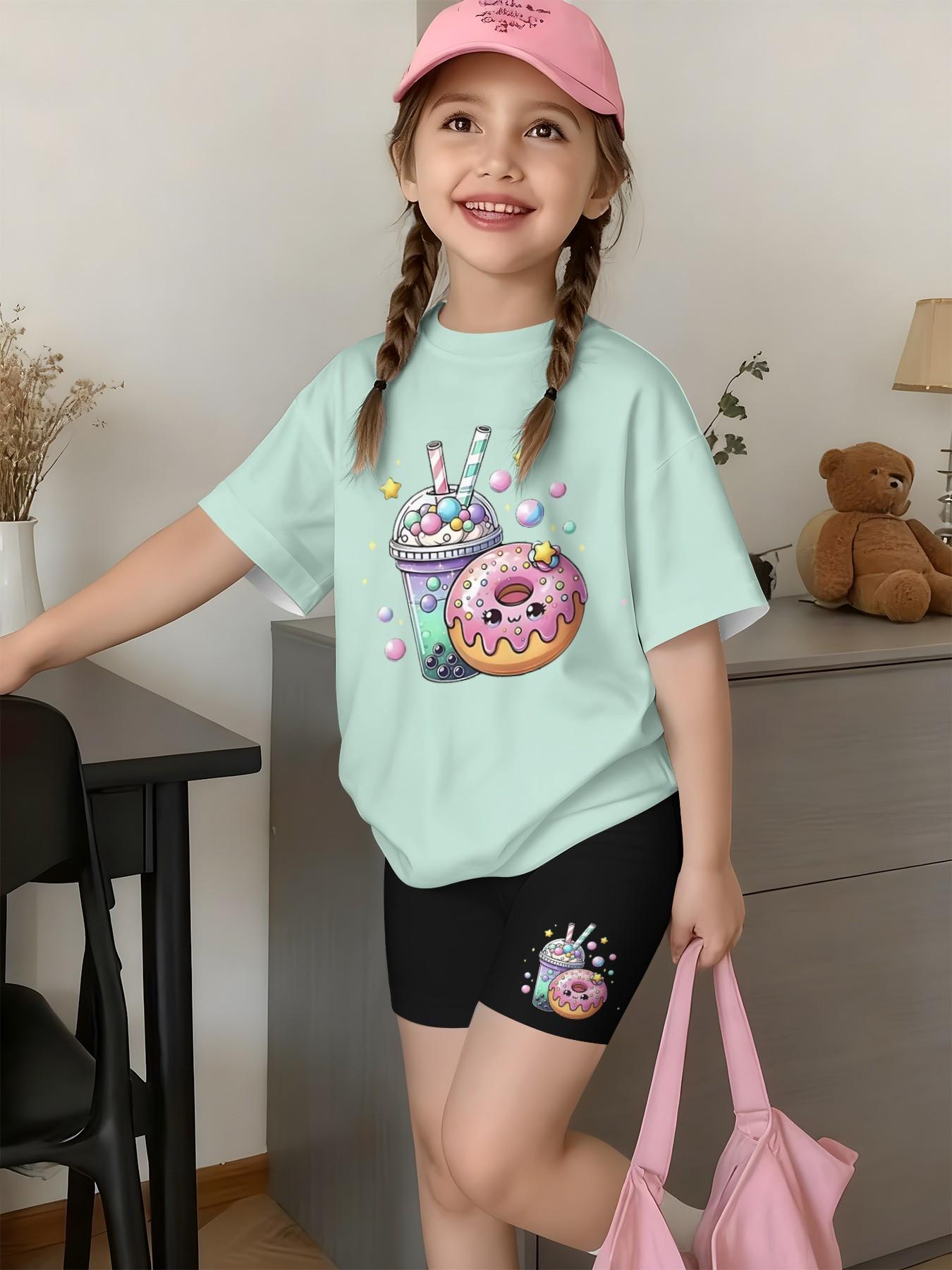 Girls' Cartoon Print Short Sleeve T-Shirt and Pants Set, Casual Streetwear, Comfortable Daily Wear, Perfect Gift for Kids, Outdoor Fashion