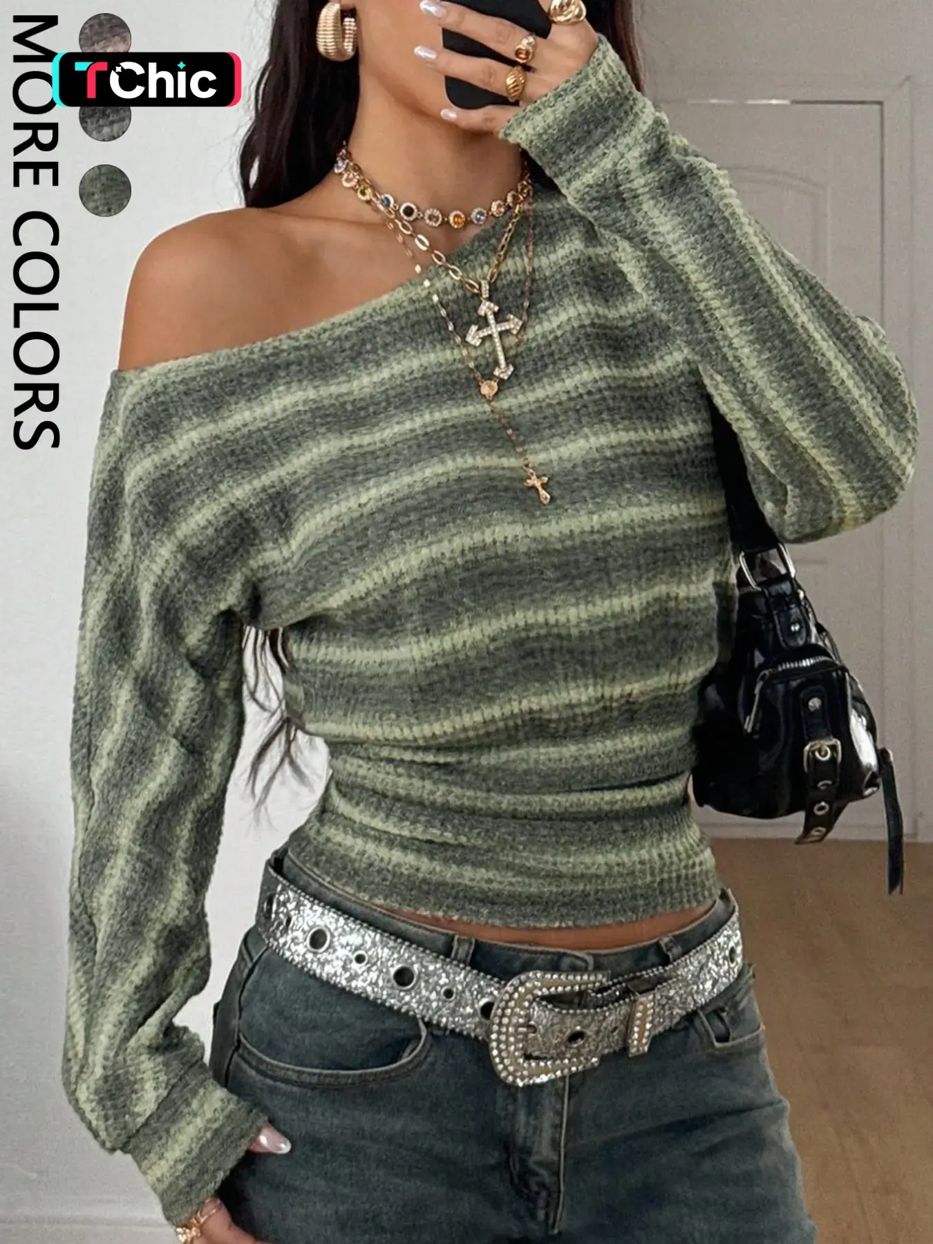 1 Piece Hot Selling Versatile Chic Striped Knit Blouse, One Off Shoulder Long Sleeve Ruched Waist Cropped Relaxed Fit Casual Daily Top