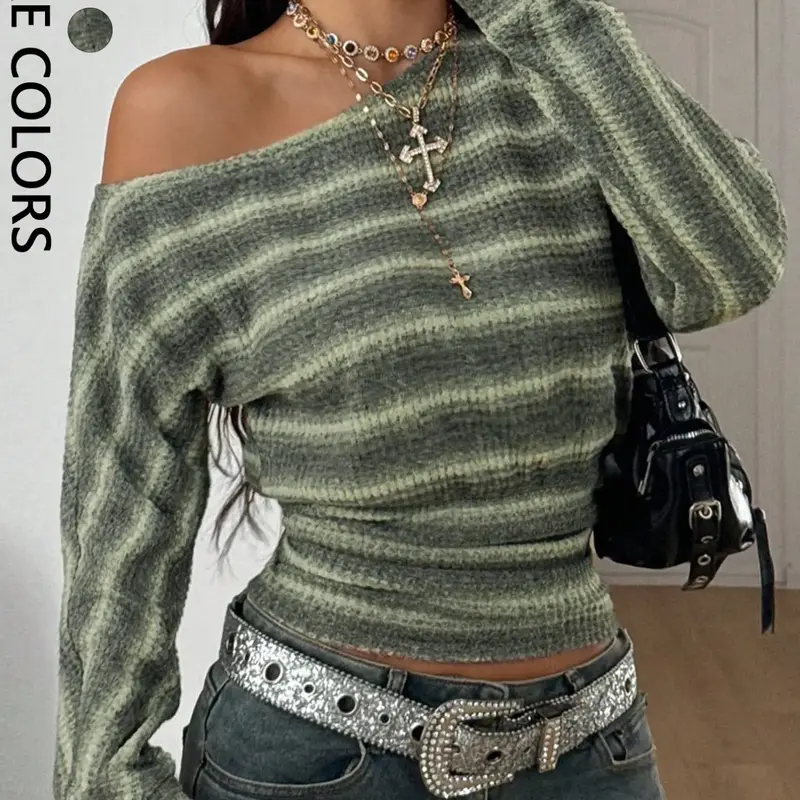 1 Piece Hot Selling Versatile Striped Knit Blouse, One Off Shoulder Long Sleeve Ruched Waist Cropped Relaxed Fit Daily Stretch Knit Top