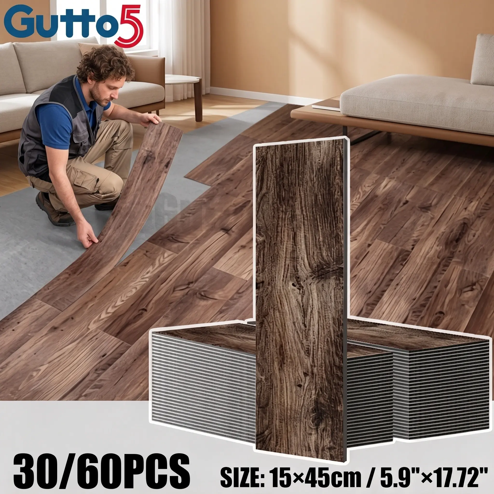 30/60pcs Pcs Waterproof Peel & Stick Vinyl Flooring Tiles Suitable, Bathroom, Living Room - Thickened Self-Adhesive Wood Grain Floor Stickers with Non-Slip, Detachable DIY Laminate Panels for Home Renovation Non Slip Pvc