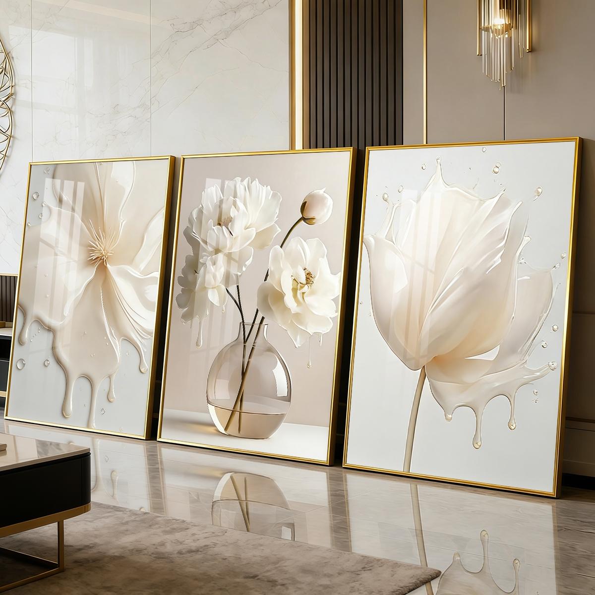 3 Counts Aluminum Alloy Framed Painting, Elegant White Liquid Floral Art Pictures, Home Decoration For Living Room, Bedroom, Office, Restaurant, Hallway Wall Decor, Odorless Print Artwork, Luxury Perfect Gift For Friends And Family