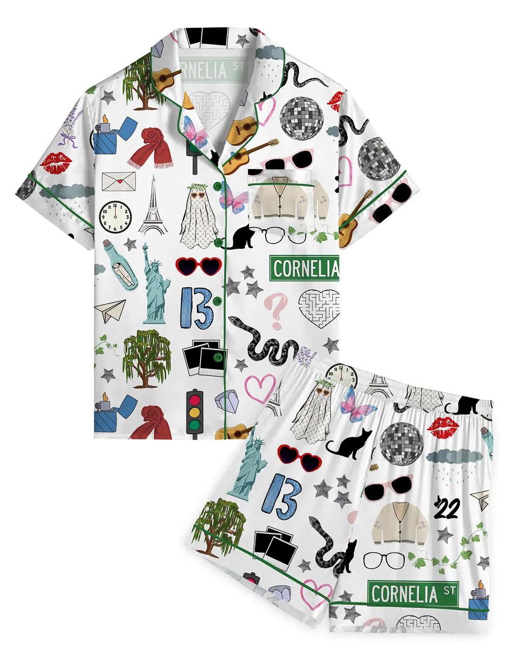 Country Music Pop Star Pajama Set For Women Print Comfy Satin Sleepwear & Loungewear Pjs Short Sleeve Top & Bottoms Shorts Without Pockets - SHESHOW