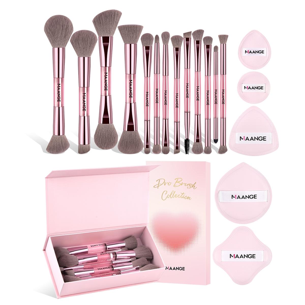 Maange 13-Piece Dual-Ended Makeup Brush Set + 5 Powder Puff Accessories Gift Box, Brush Makeup Kit, Soft Cosmetic Brushes, Essential Beauty Tools, Perfect Valentine's Day Present