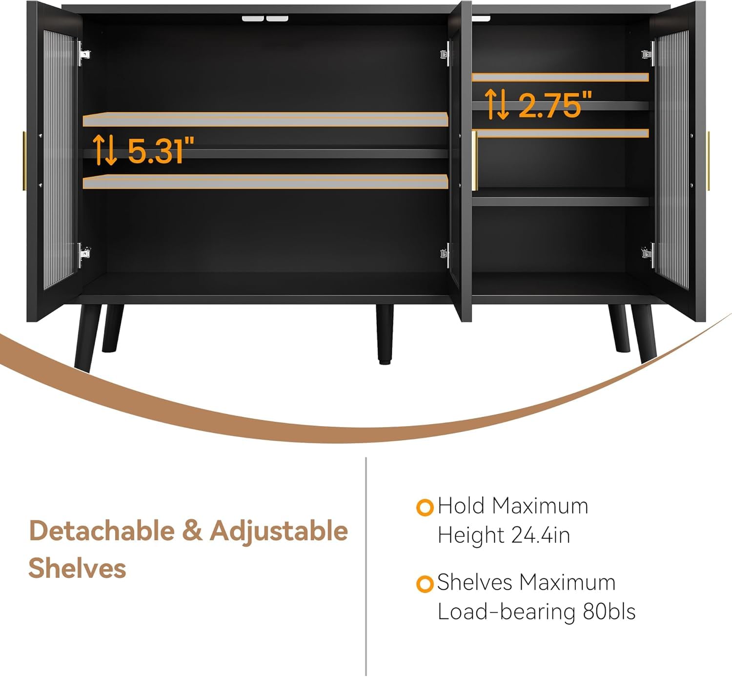 48" Buffet Cabinet with Storage, Large Sideboard Cabinet with 3 Fluted Glass Doors, Modern TV Consoles Stand Cabinet for Kitchen, Dinning Room, Hallway, Living Room