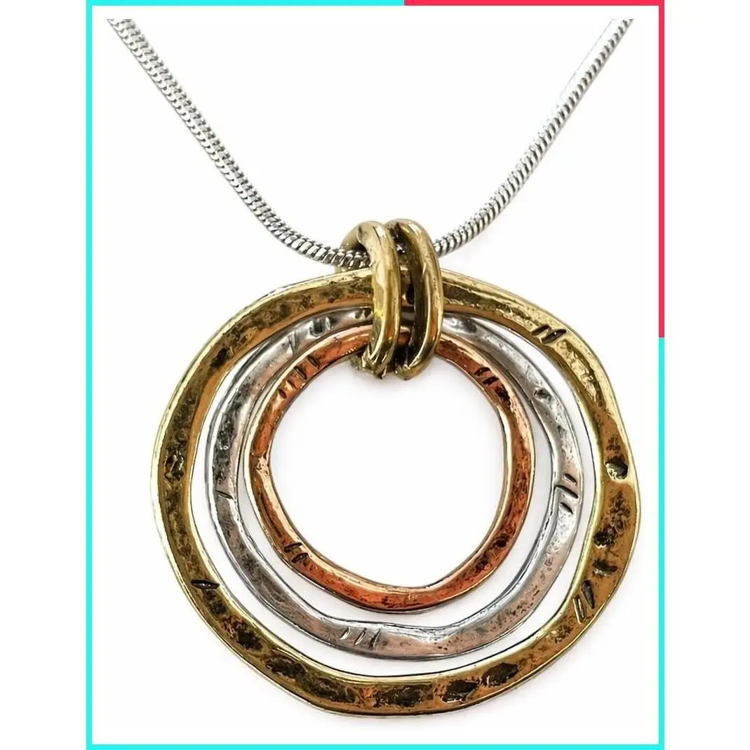 Handmade Sunrise Pendant Necklace, Triple Circles Tri-Tone Copper Brass Silvertone, 18" Silvertone Chain