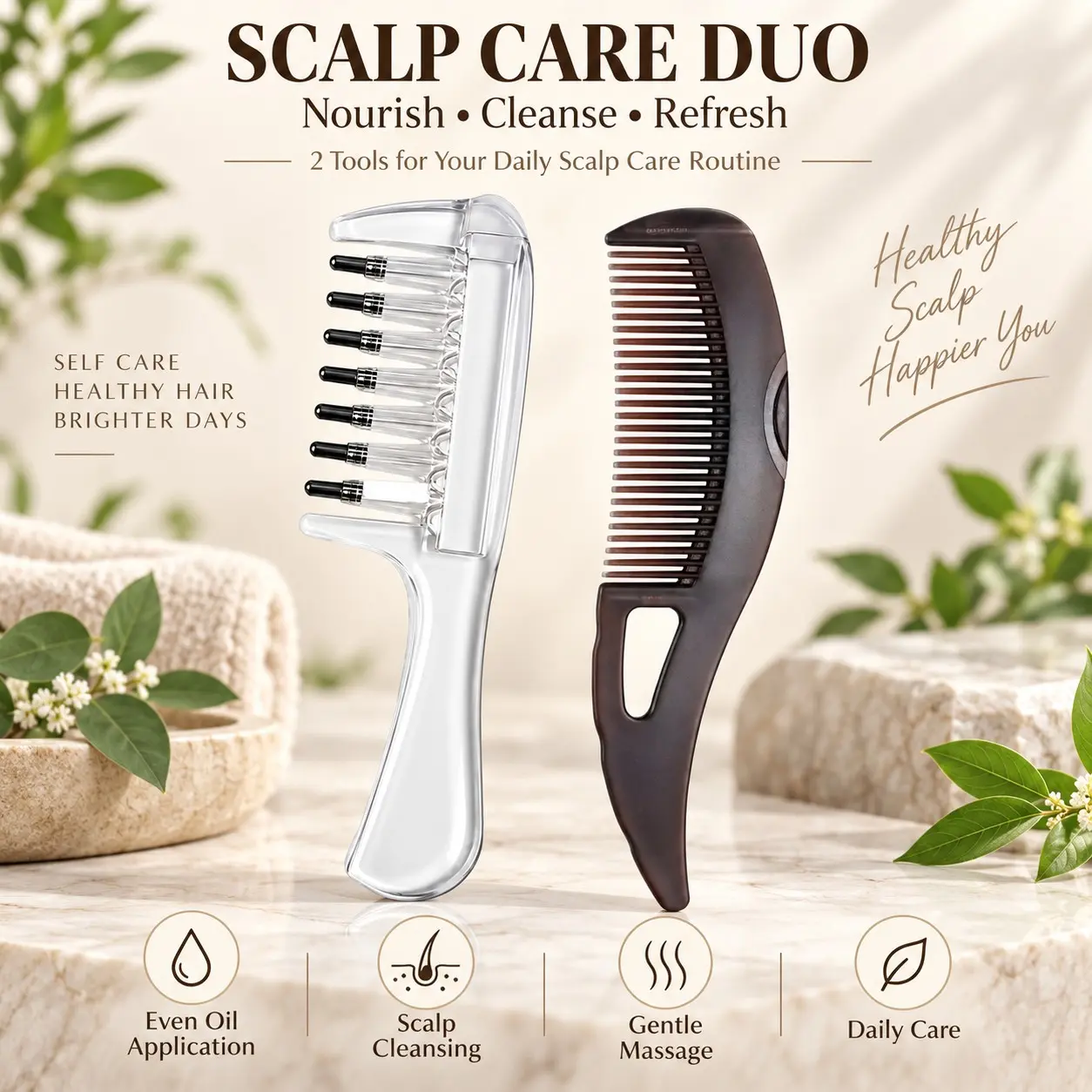 2-Piece Scalp Care Comb Set: Essential Oil Applicator Comb and Scalp Cleansing Comb—for applying hair oil and removing dandruff and buildup; a scalp massage and styling tool for daily hair care Combs Oil