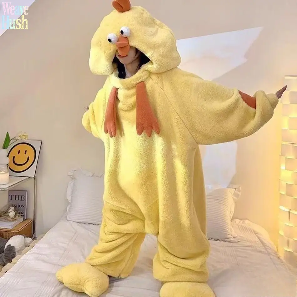 Unisex Loose Cute Yellow Chicken Onesie Pajamas - Fluffy Coral Fleece Hooded Jumpsuit, Warm Winter Cosplay Sleepwear, Cozy Indoor Loungewear for Couple Parties, sohochic