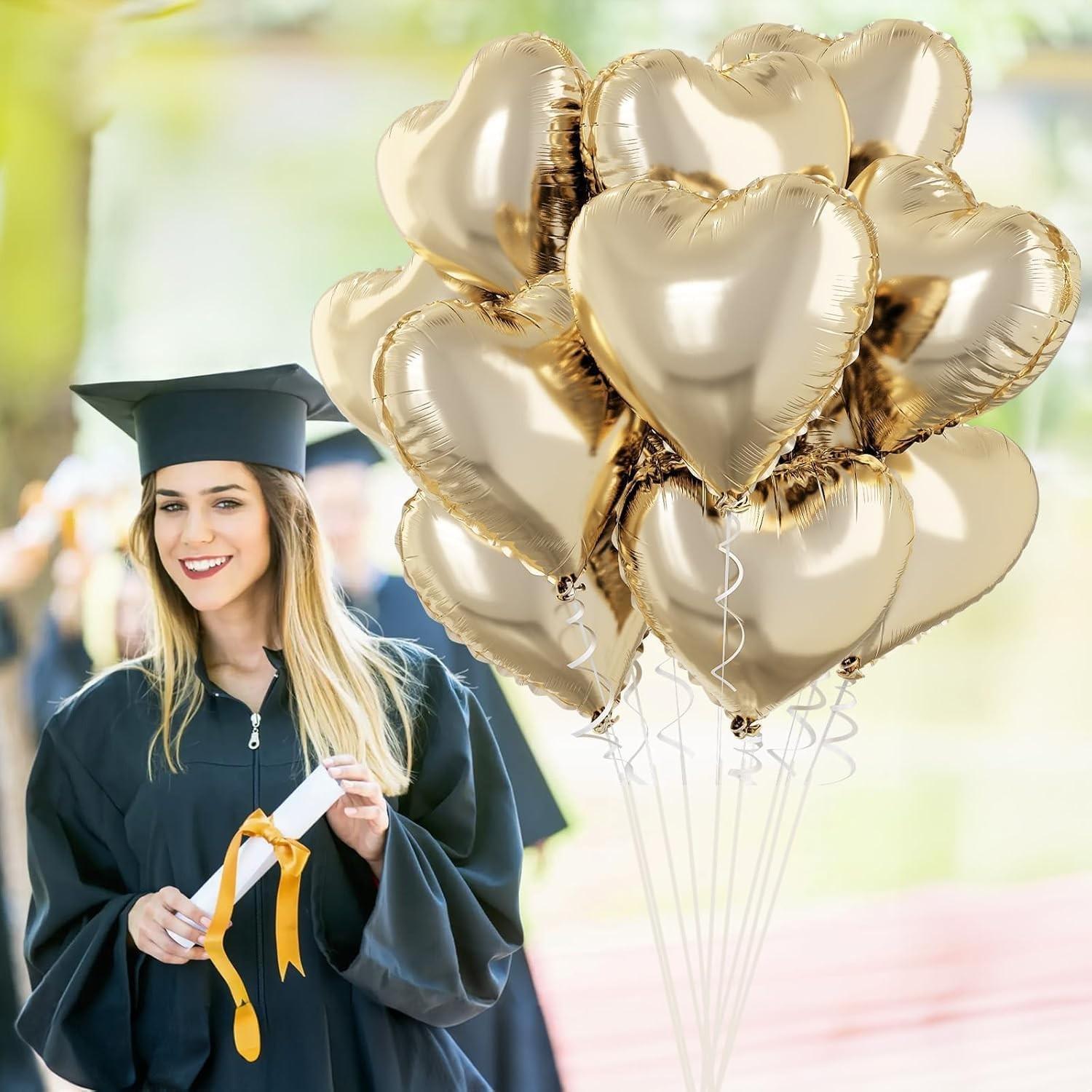 Golden heart-shaped balloon, 18 inch 12 piece set, gold foil heart-shaped balloon with 2 accessories, suitable for birthday parties, weddings, baby parties