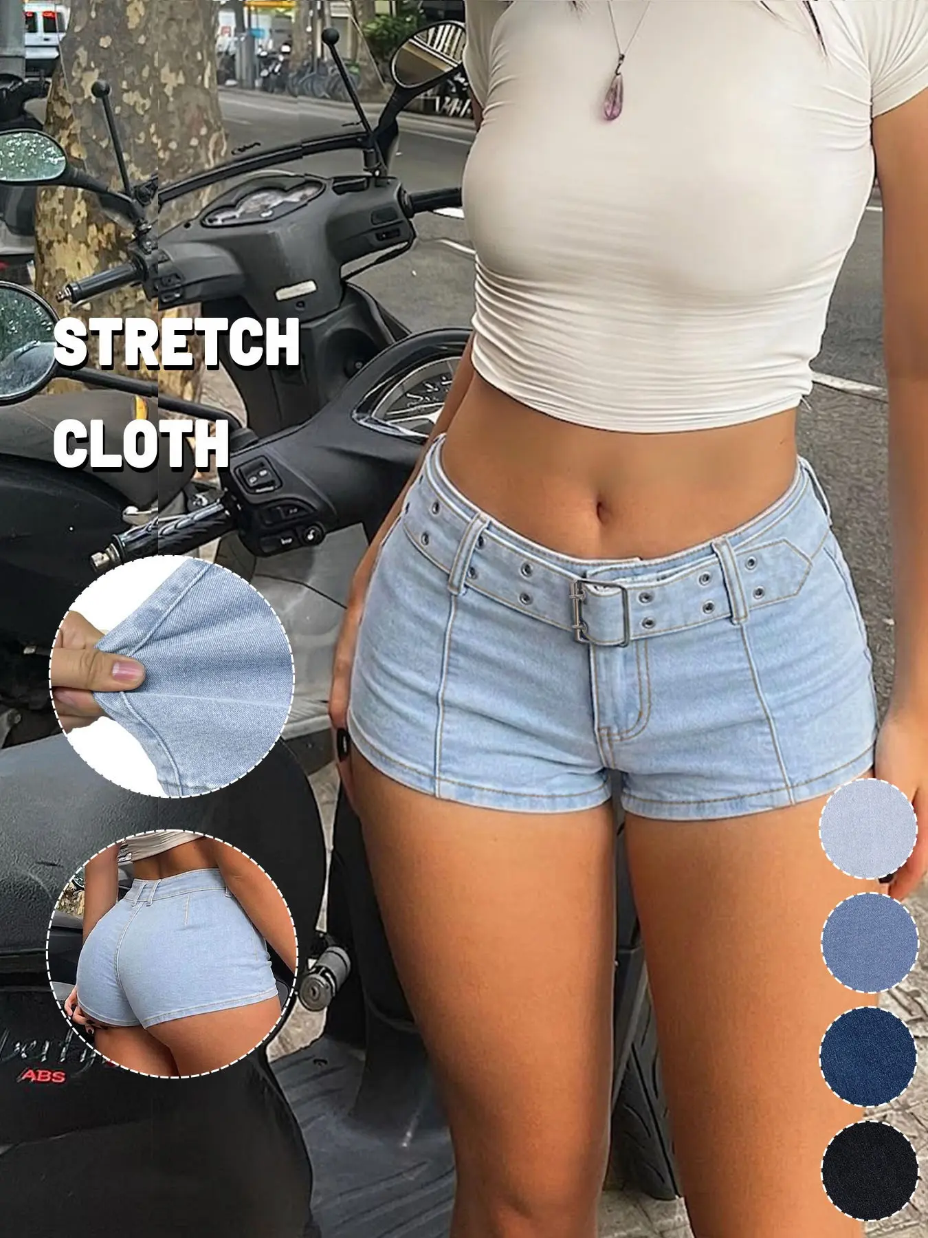 GILIPUR Viral Y2K Low Rise Belted Micro Denim Shorts Ladies Super Stretch Bodycon Hip Hugging Hot Pants Trendy Summer Club Street Bottoms TChic