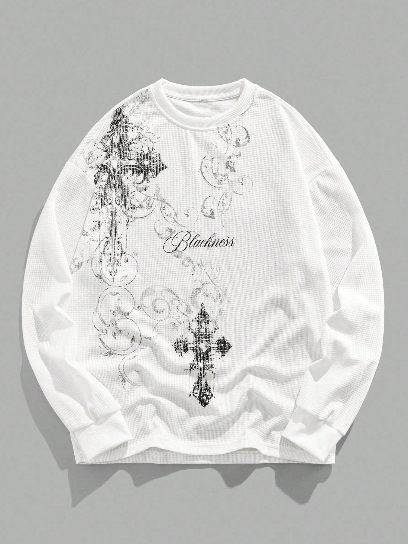 Men's Textured Fabric Full Body Print Hoodie, Cross Design Pullover Sweatshirt, Casual Fashion Long Sleeve Top for Daily Wear