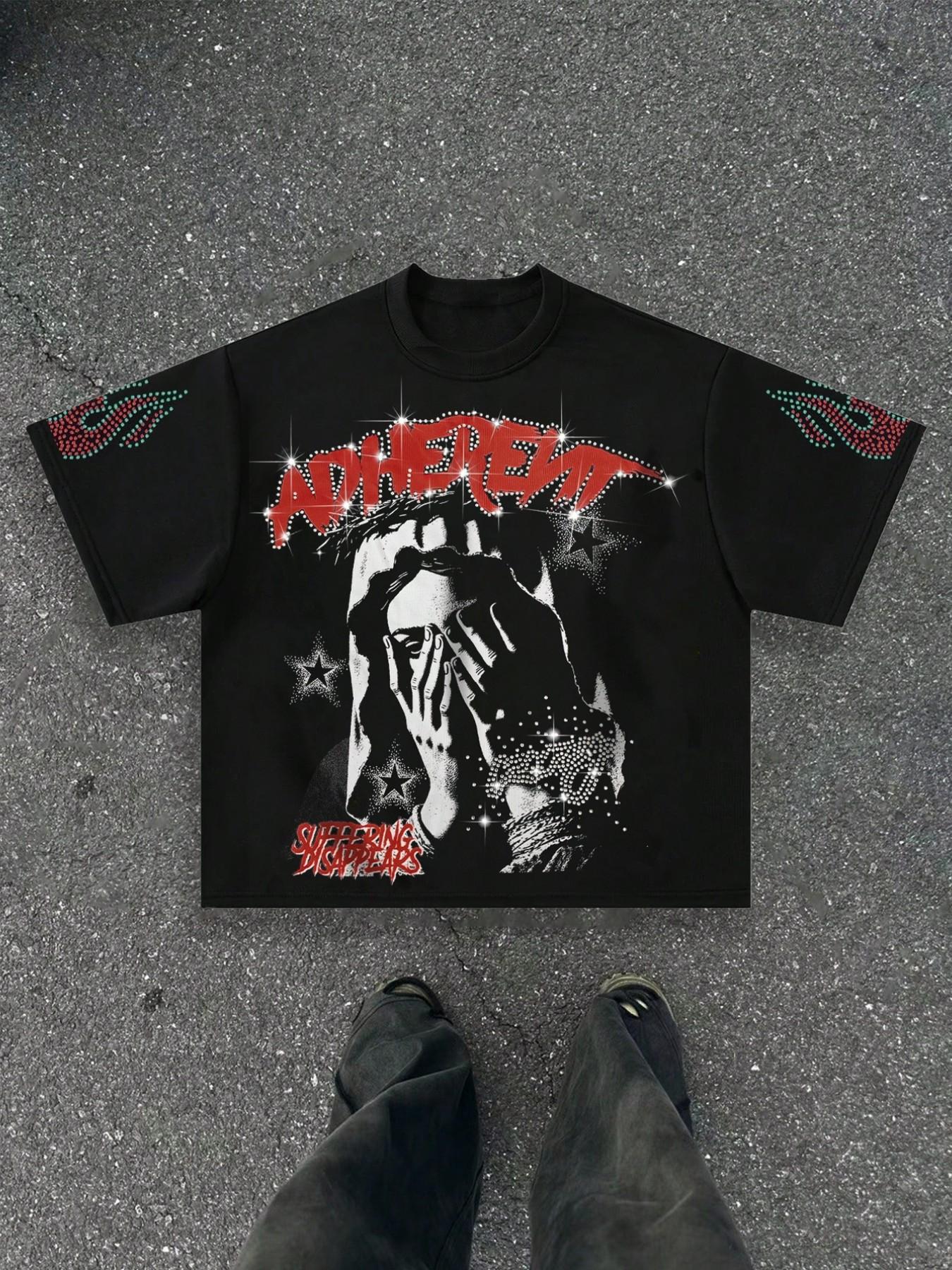 Adherent Loose Rhinestone T-Shirt, Round Neck, Face Print + Rhinestone Font, Soft Cotton Blend Fabric, Y2K Gothic Style, Casual, Daily Wear, Party, City Essential, Streetwear, Menswear