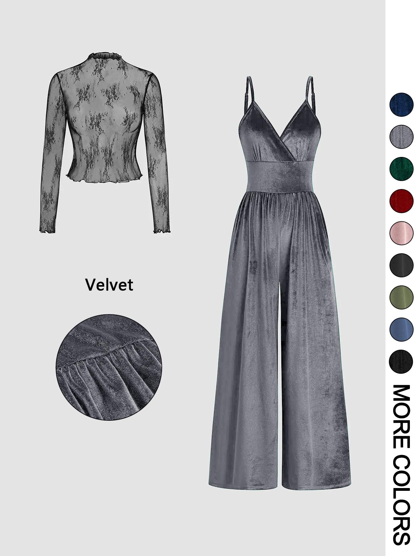 Valentine's Day Women's Solid Color Knitted Lace Tee & High Waist Pocket Jumpsuit Two-piece Set, Elegant Chic Fashion Casual Fitted Zipper Back Cami Jumpsuit & Long Sleeve Top for Daily Outdoor Wear, Women's Clothing for Spring & Fall Outfit