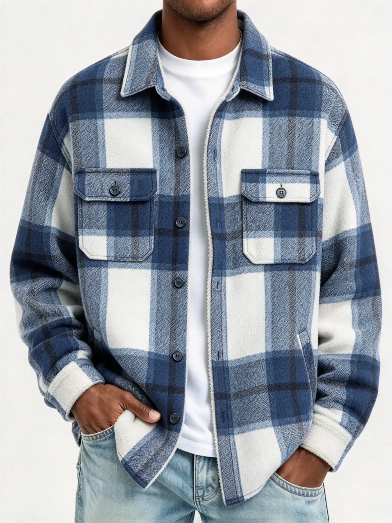 Men Fleece Lined Blue Plaid Long Sleeve Shacket, Thick Warm Flannel Checkered Shirt Jacket, Loose-Fitting Casual Outerwear for Fall Winter
