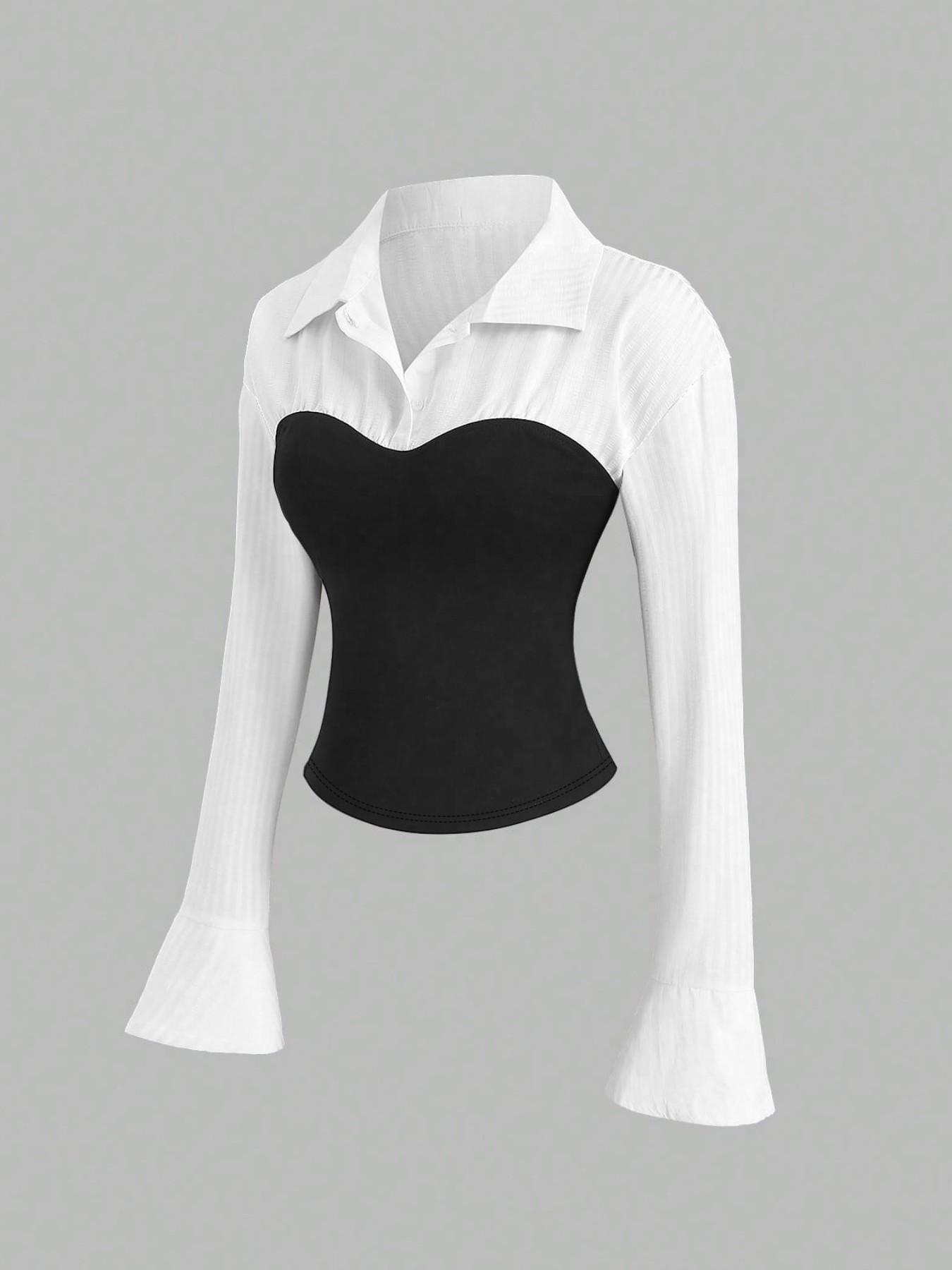 This women's white slim long-sleeved blouse with puff sleeves and patchwork design is elegant and versatile, suitable for everyday wear and various occasions.