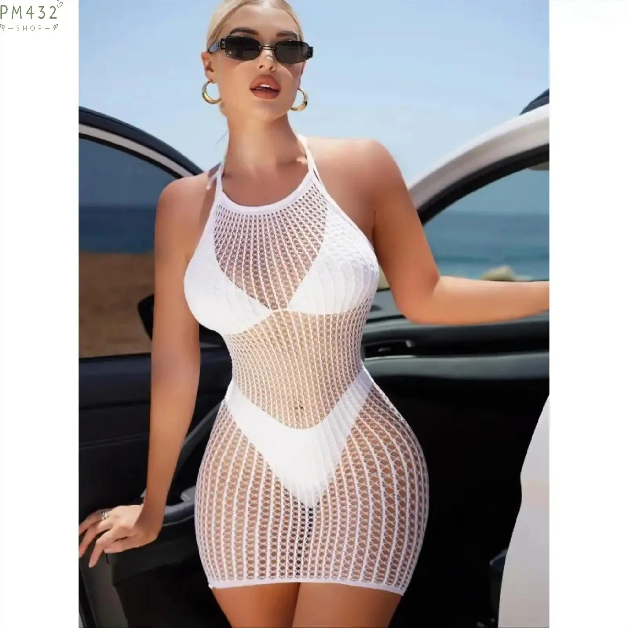 Women’s Backless Halter Cover Up Dress, Tie Back Fishnet Sheer Beach Cover Up with Hollow Out Design, Lightweight Summer Swimwear Layer for Beach Vacation, Pool Party, Resort Travel and Holiday Wear