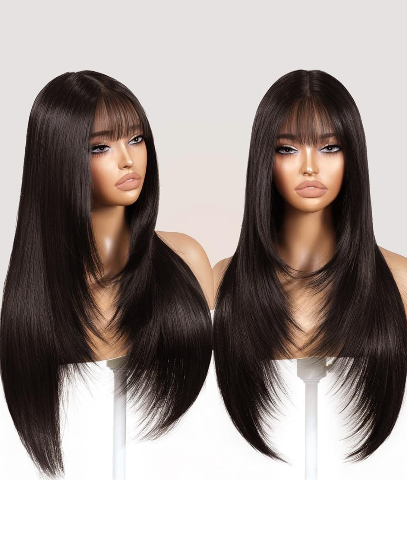 Synthetic Straight Wig with Bangs Layered Glueless True Scalp TikTok Viral 16Inch Synthetic Wig With Pre Cut Bangs Layered  main image 2