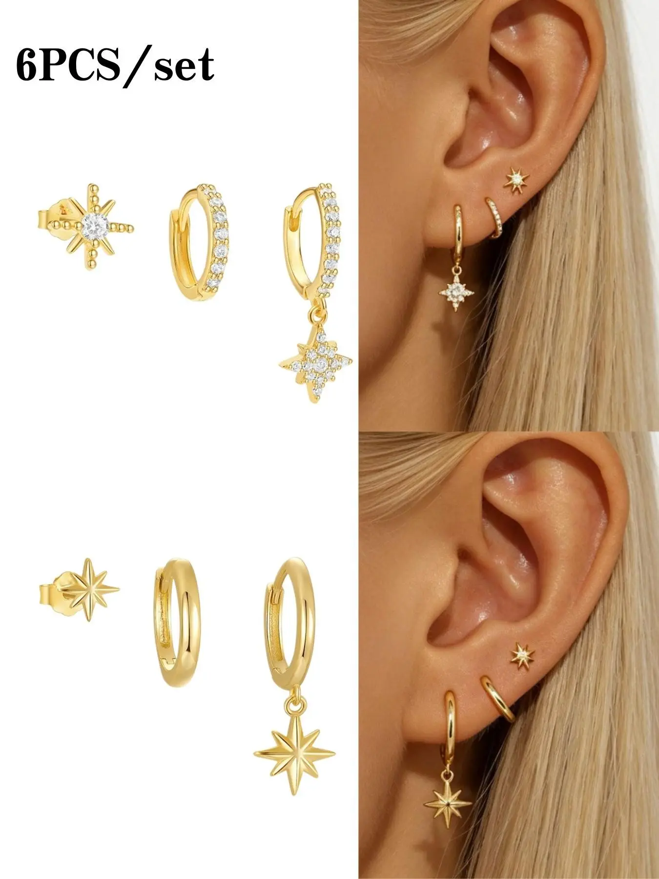 6-Piece Star Earring Set for Women, Celestial Huggie Hoop, Stud & Dangle Earrings, Dainty Ear Stack for Multiple Piercings, Earring Stacking Set, Gold or Silver Tone