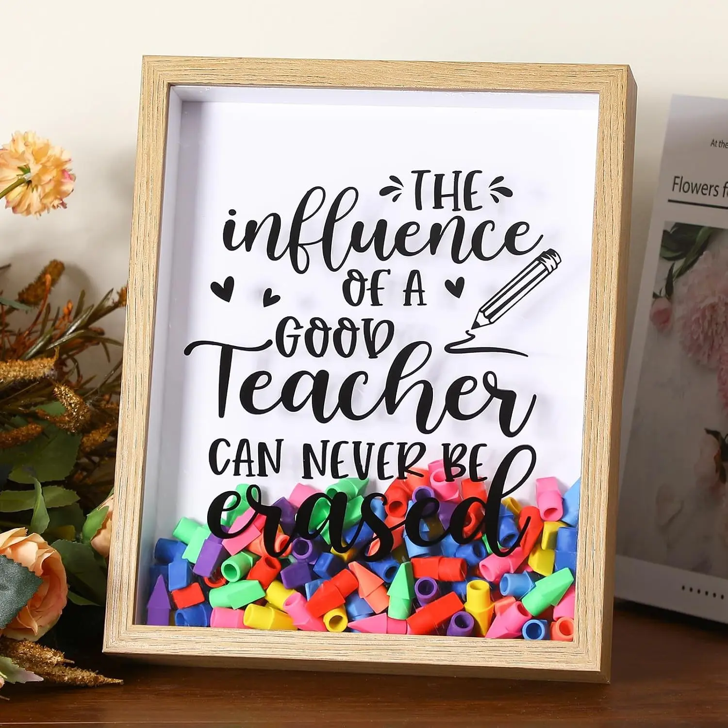 Teacher Appreciation Wood Glass Shadow Box - Lightweight Hanging Photo Frame, End-of-Year Graduation Back-to-School Gift, Wall-Table Decor for Teachers