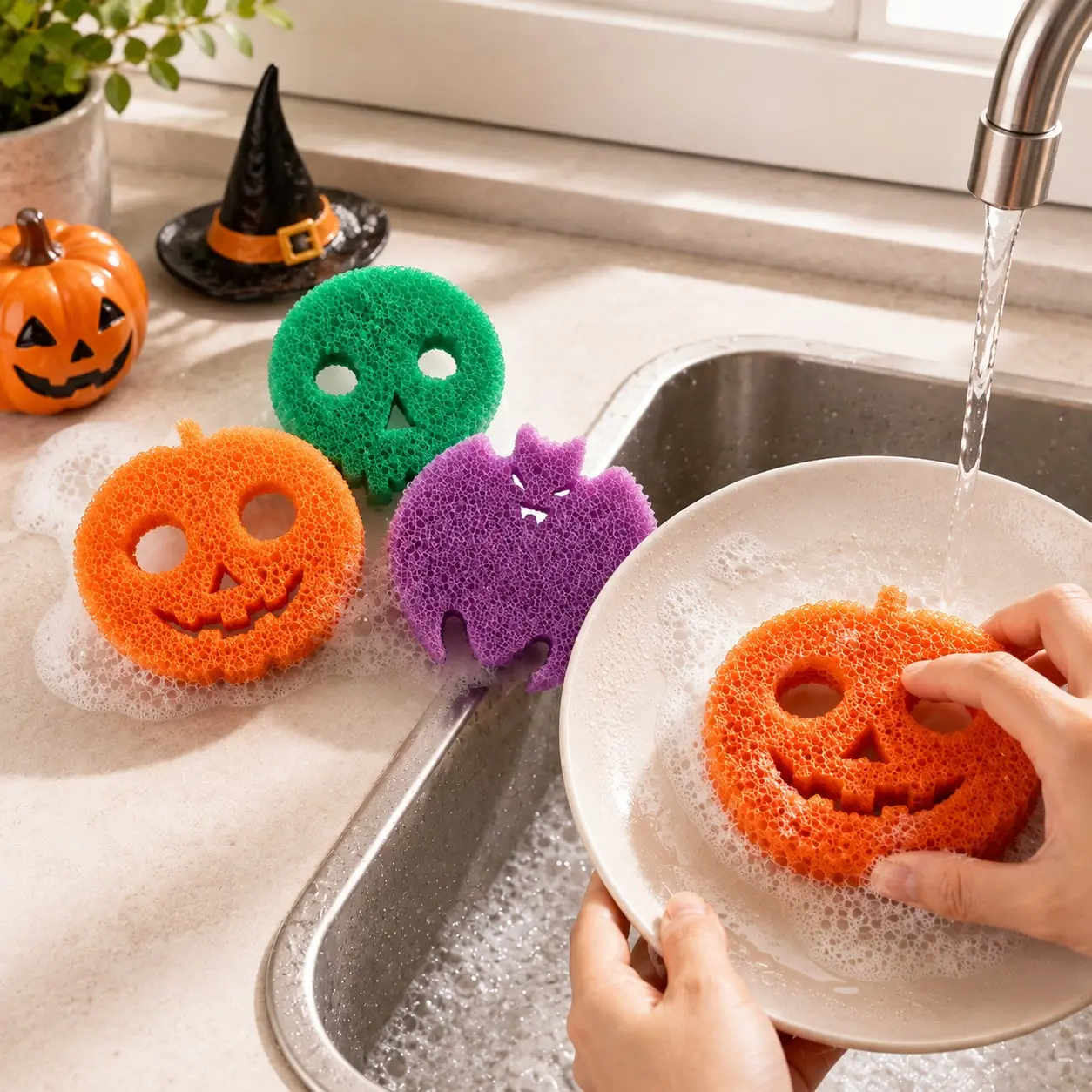3-Pack Sponges Kitchen Sponges. Made from BPA-free polymer foam. Scratch-resistant and odor-resistant. Versatile for cleaning tableware and various household items. A Halloween essential. Non Toxic Sponges