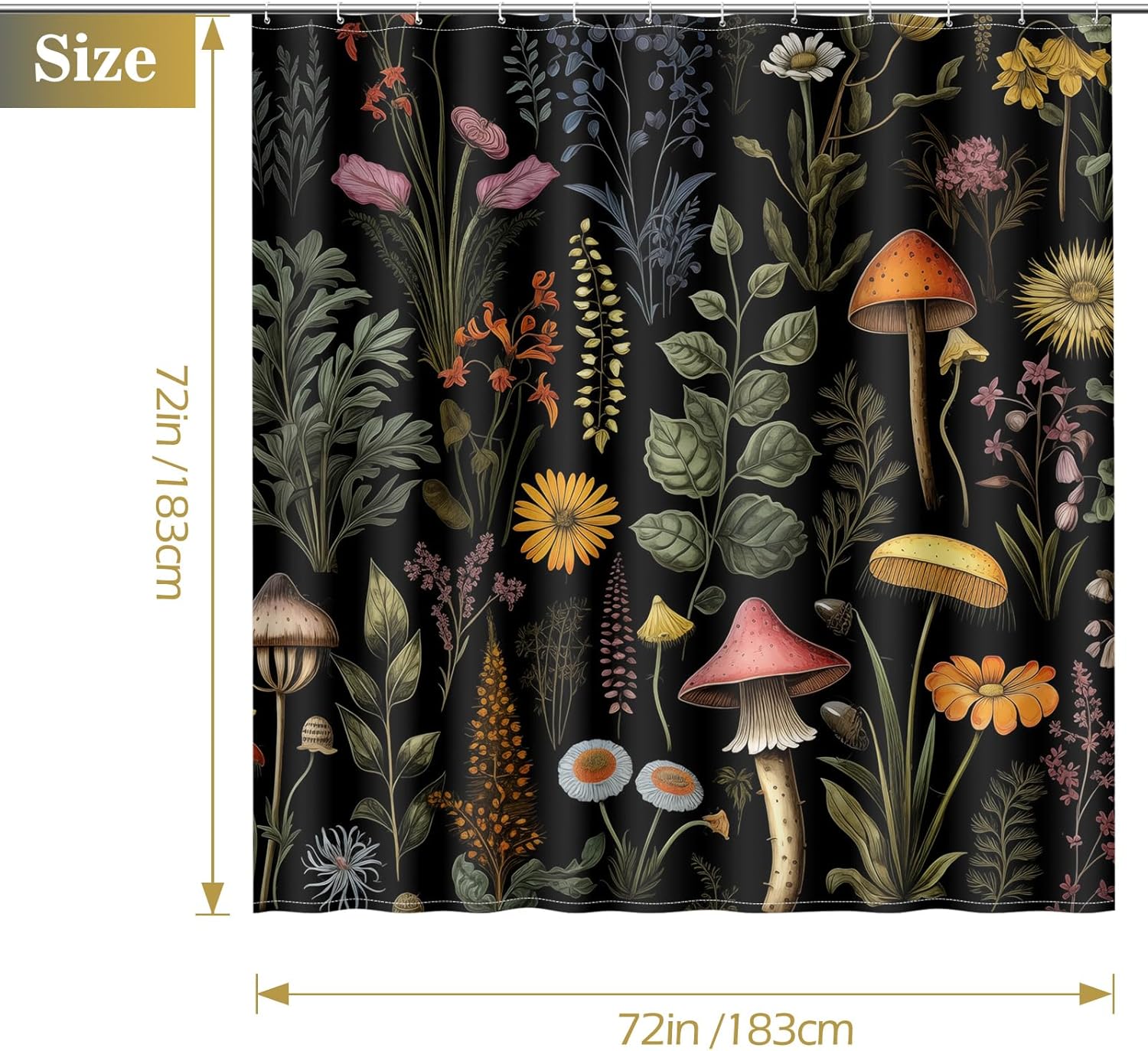 Vintage Dark Cottagecore Mushroom Shower Curtain - Retro Botanical Wildflower Print, Waterproof Fabric Curtain with 12 Hooks | Whimsical Gothic Bathroom Decor #showercurtain #mushroom #cottagecore #vintage #botanical #waterproofcurtain  #gothicdecor