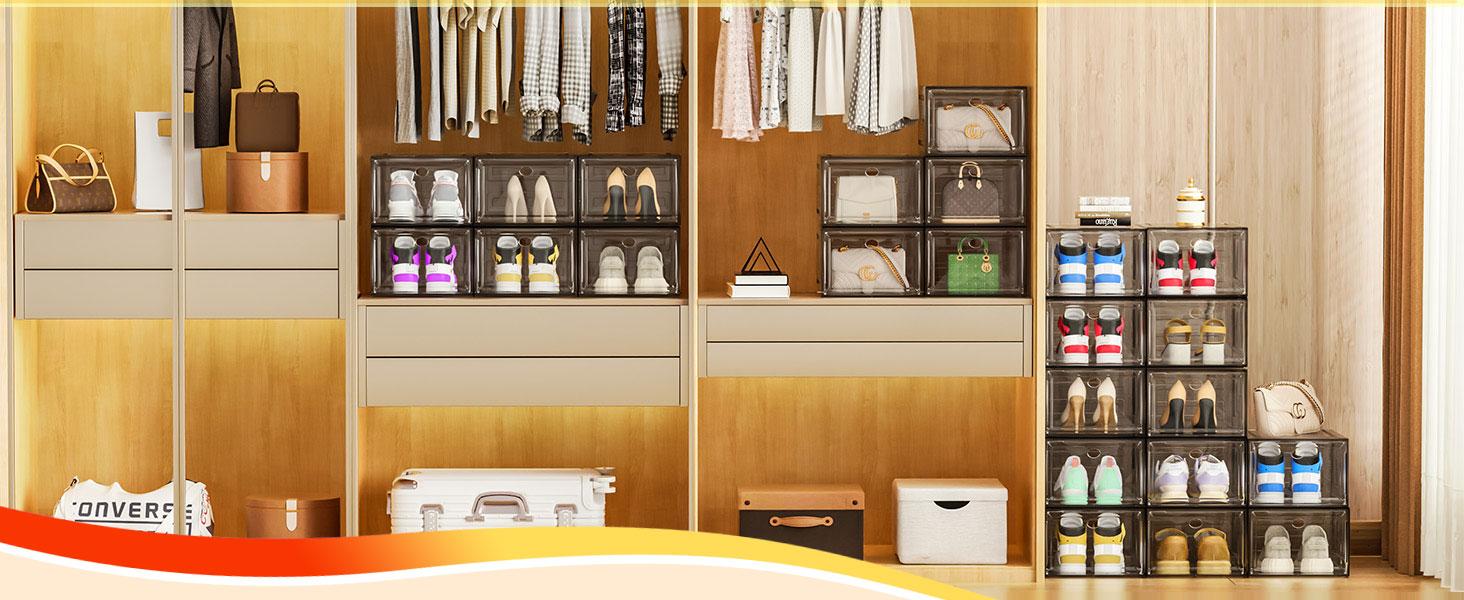 7CODE Thicken & Sturdy 24 Pack Stackable Shoe Organizer White Plastic Storage Box for Sport Sneaker Display Upgraded Sturdy Shoe Container Room Set