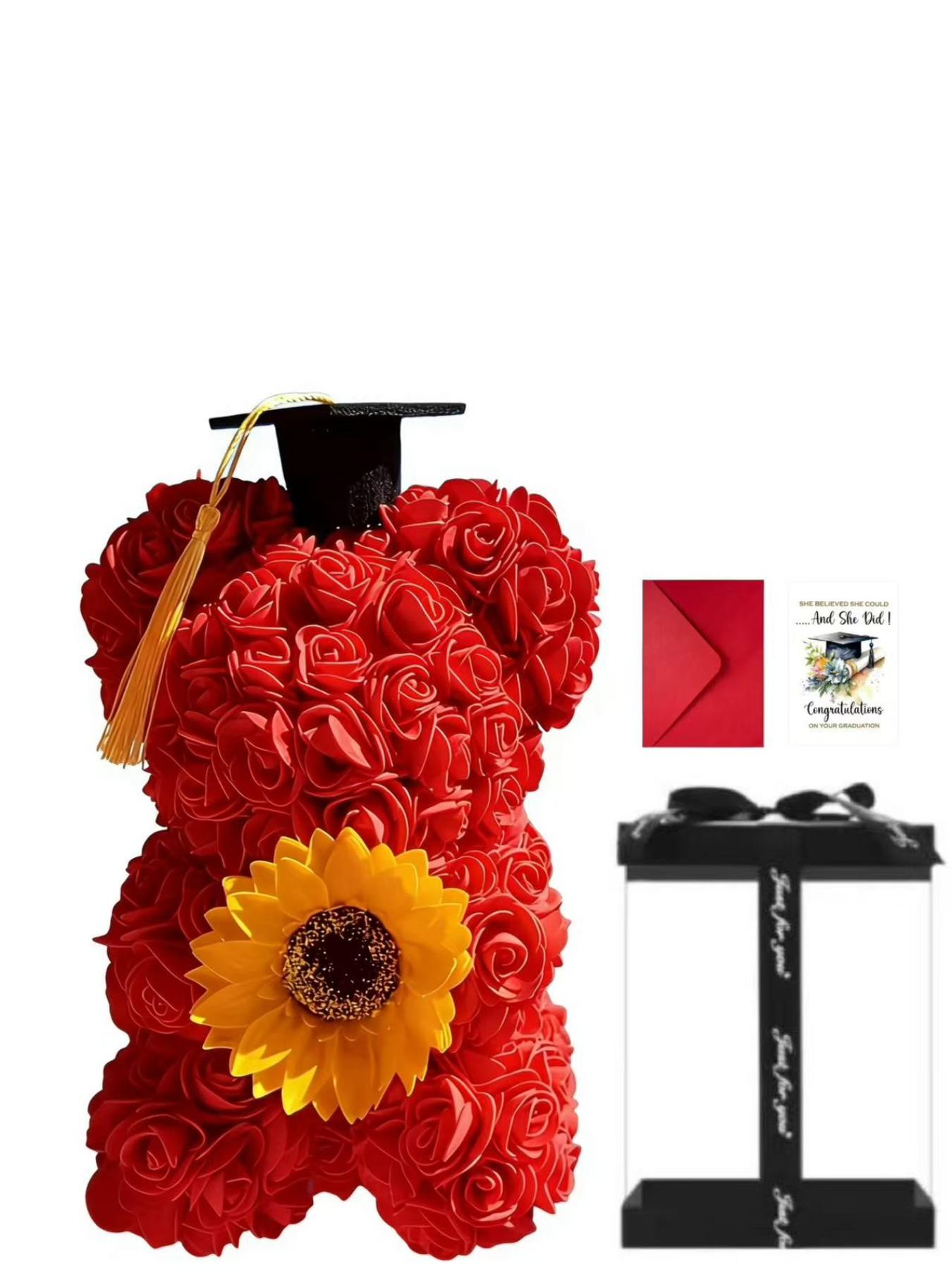 Realistic Sunflower Rose Bear Set, Bachelor Hat Flower Bear, Unisex Graduation Gift, Rose Bear Party Decoration, Artificial Flowers, Includes Box + Card