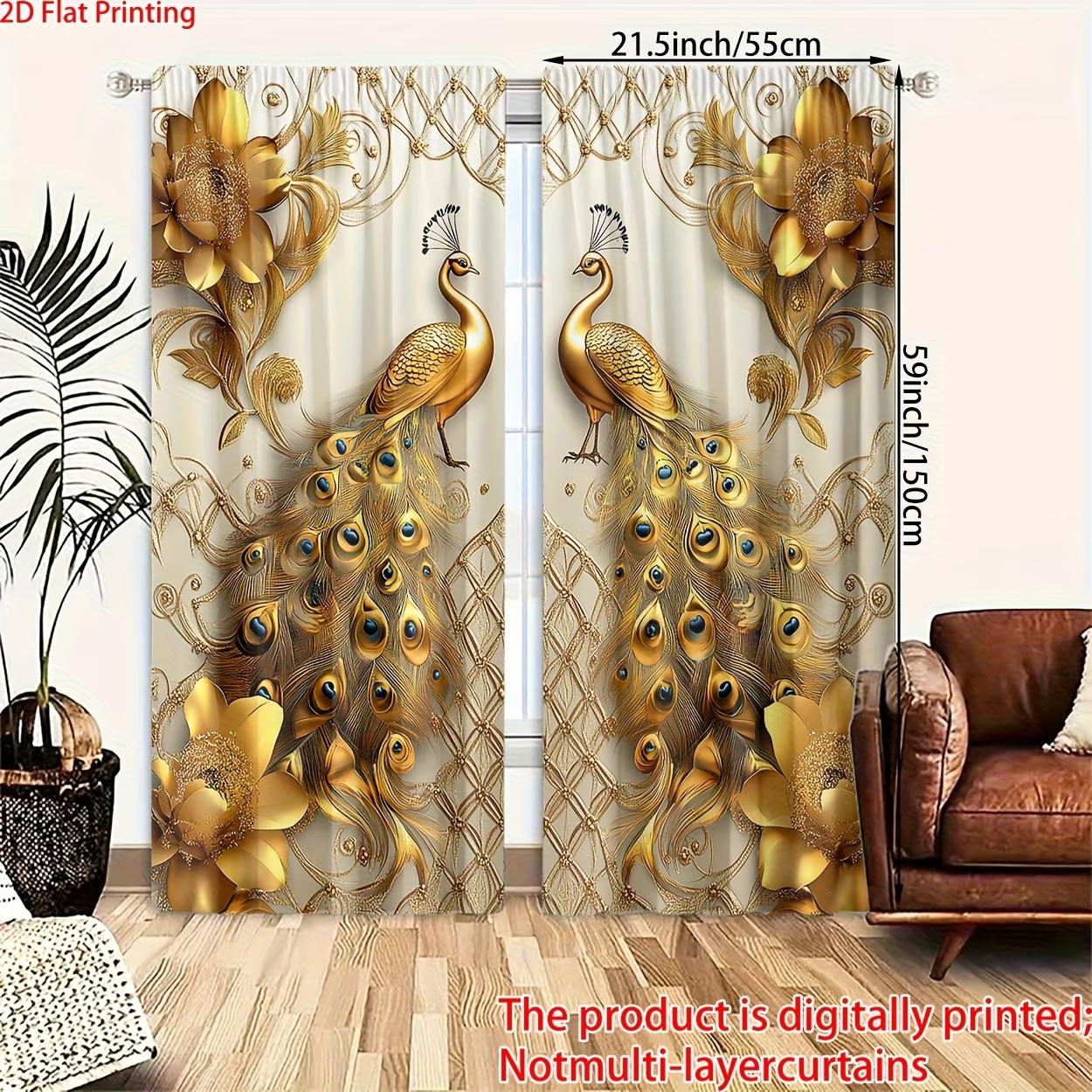 2 pieces, 2D flat printing, polyester material, digitally printed golden peacock pattern filtering curtains, suitable for bedroom, living room, office and home decoration, pole pocket design, suitable for hanging on poles