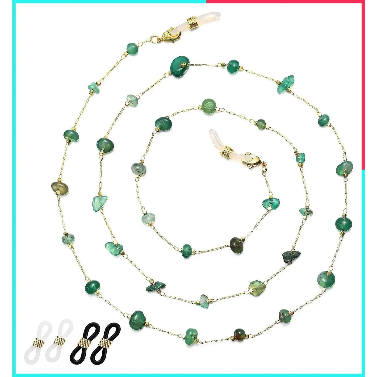Women's 14K Gold Plated Natural Crystal Eyeglass Chain Necklace with 2 Pairs End Clips, Glasses Holder for Reading Glasses & Sunglasses, Multi-Use