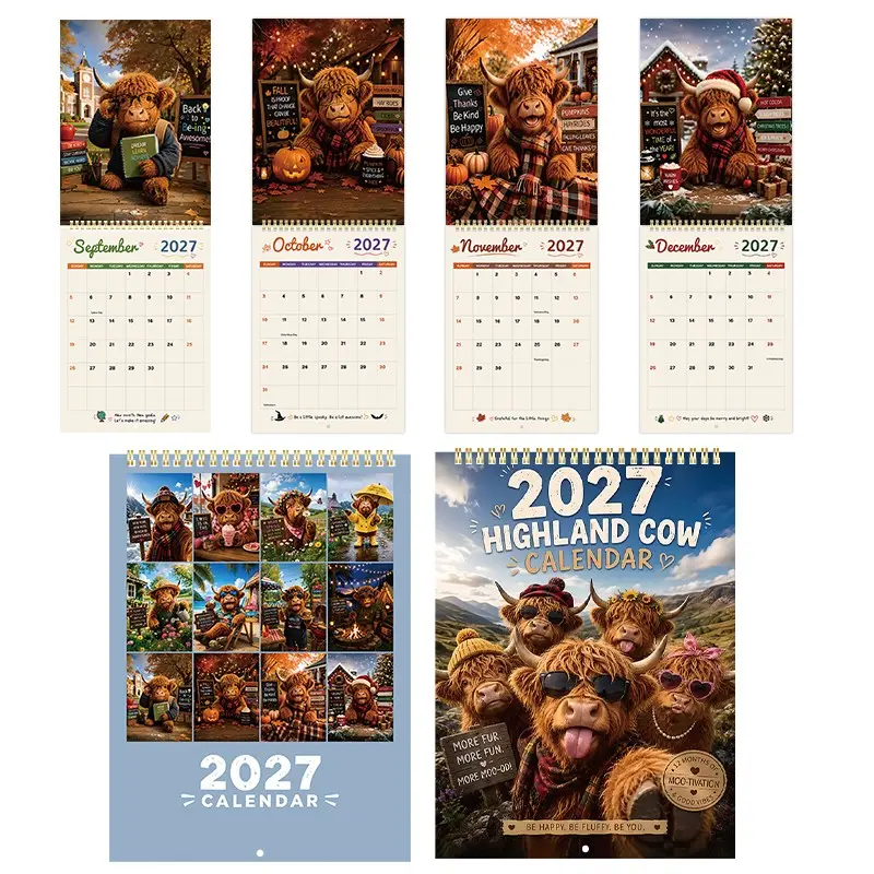 2027 Highland Cow Wall Calendar, Fun Cute Scottish Longhorn Monthly Planner, Home Decor Gift for Animal Lovers, New Year Christmas Birthday Present
