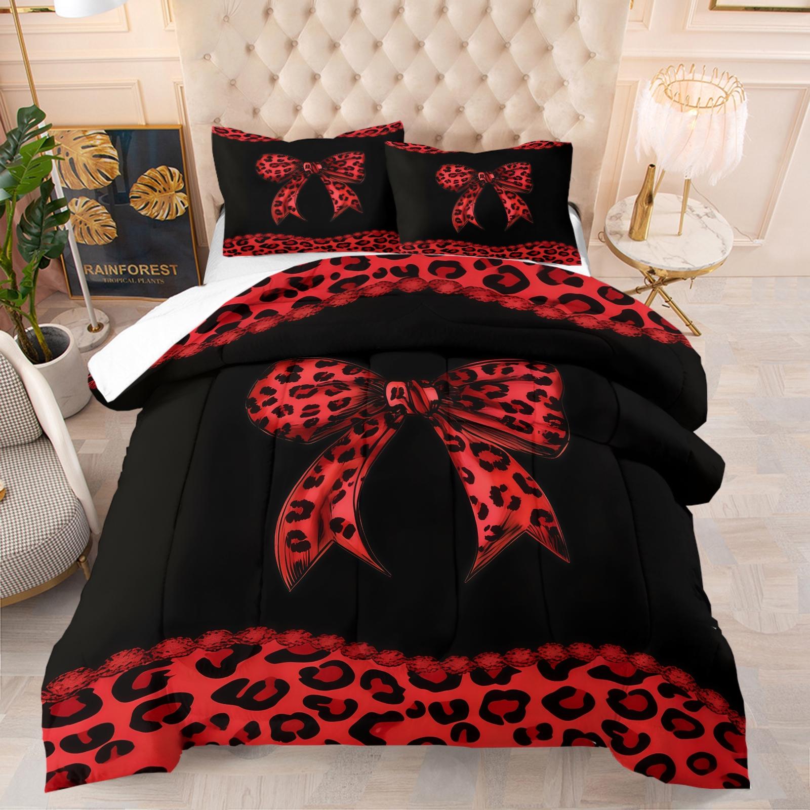 Leopard Print Bow Pattern Bedding Set, Soft Bedding Sets Adult Bedroom Decoration, Suitable For Giving To Friends And Family, As a Moving And Holiday Gift, Including 1 Blanket And 1 Or 2 Pillowcases Without Pillowcases