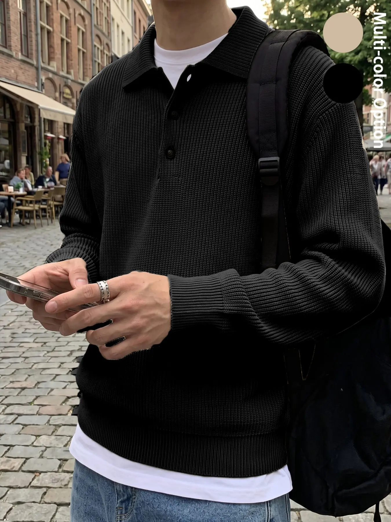 Men's knit polo shirt long sleeve waffle textured pullover sweater polo collar half button placket drop shoulder relaxed fit casual knitwear old money clean fit style fall autumn layering top streetwear commute campus travel daily outfit khaki black