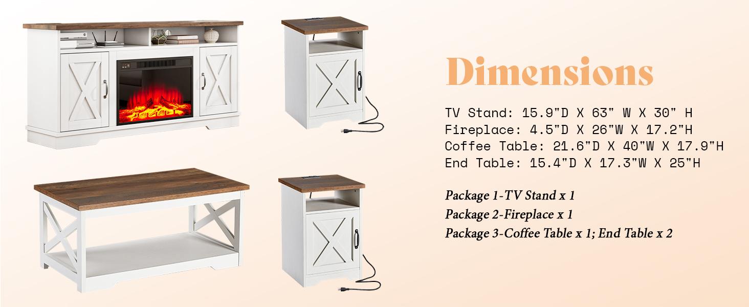 AMERLIFE 5-Piece Farmhouse Table Set Include 63" TV Stand with 26" Fireplace, 40" Coffee Table, 2 End Tables with Charging Station & USB Ports, Living Room Table Sets with Barn Door, Rustic Oak&White AMERLIFE 5-Piece Farmhouse Table Set Include 63" TV Stand with 26" Fireplace, 40" Coffee Table, 2 End Tables with Charging Station & USB Ports, Living Room Table Sets with Barn Door, Rustic Oak&White