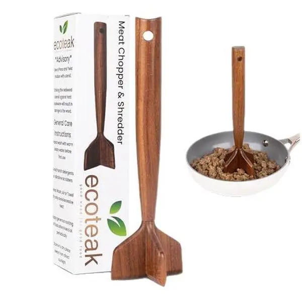 Teak Wood Meat Chopper with Natural Wood Tone, Heat-Safe Wooden Masher for Nonstick Cookware, Home Kitchen Prep Tool for Quick Ground Meat Breaking & Ingredient Mixing