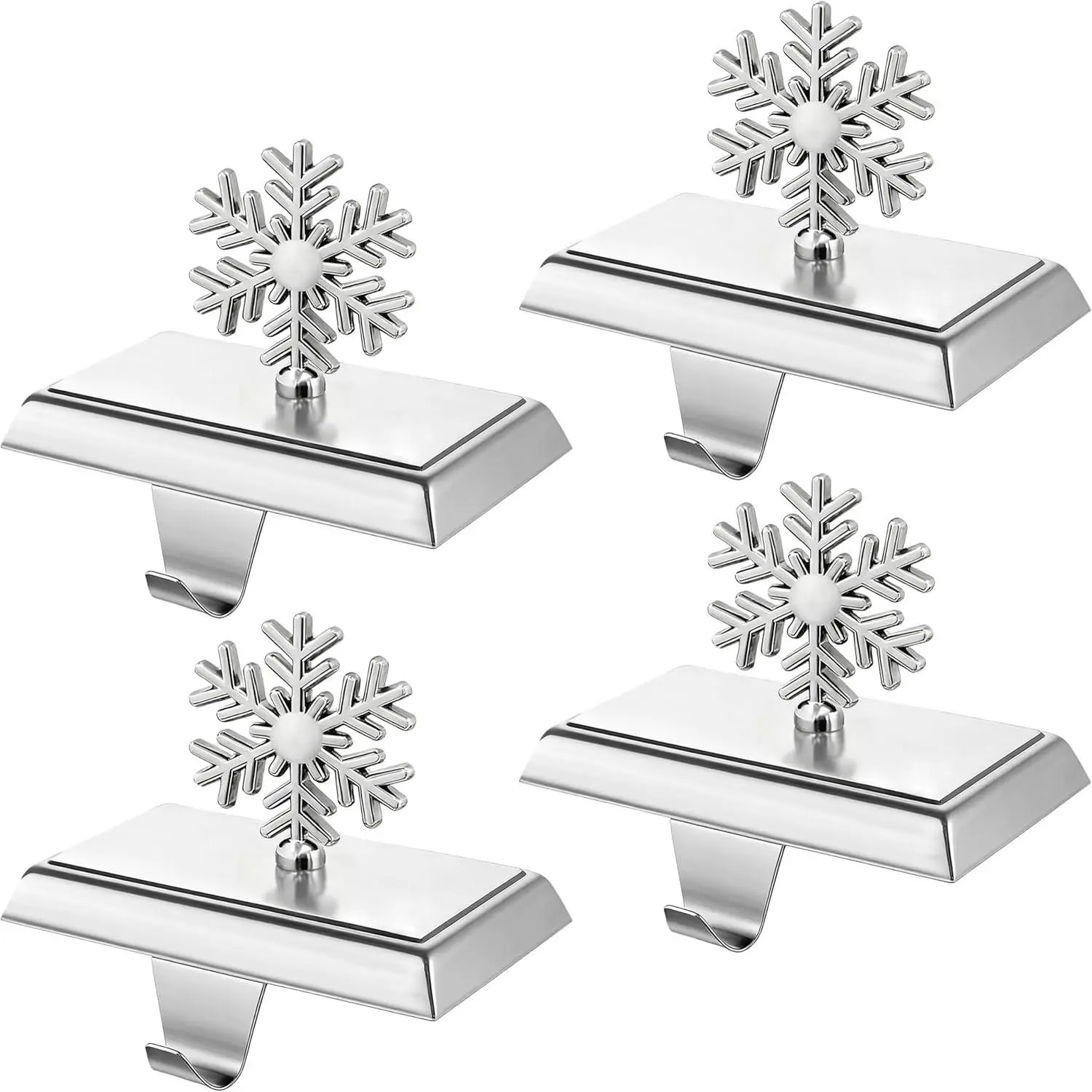 Set of 4 Metal Christmas Stocking Holders for Mantle,Heavy Duty Weighted Stocking Holders for Mantle,Silver 3D Snowflake Stocking Holder for Tables Window Fireplace Christmas Decorations