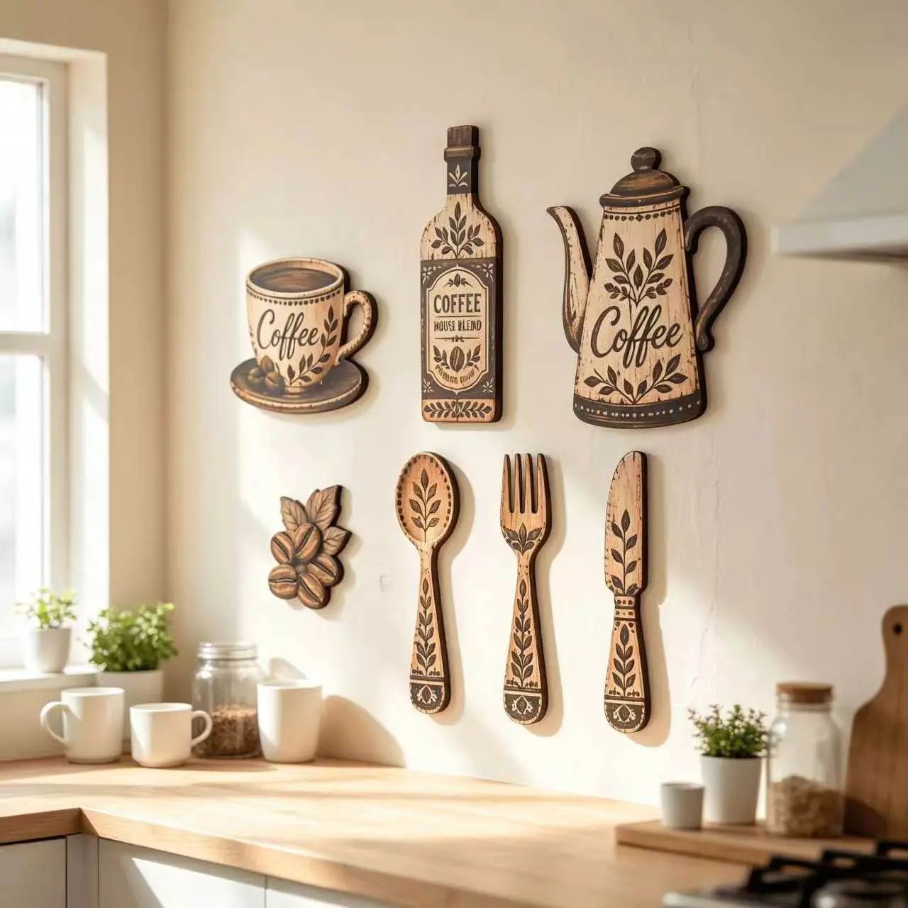 【Black Friday】7 Pieces Coffee-Themed Wooden Kitchen Wall Decor, Vintage Country Style Wall Hangings Featuring Coffee Cups, Coffee Pots, Coffee Beans, Suitable for Kitchens and Cafés, Decorative Wall Art, Decoration Items