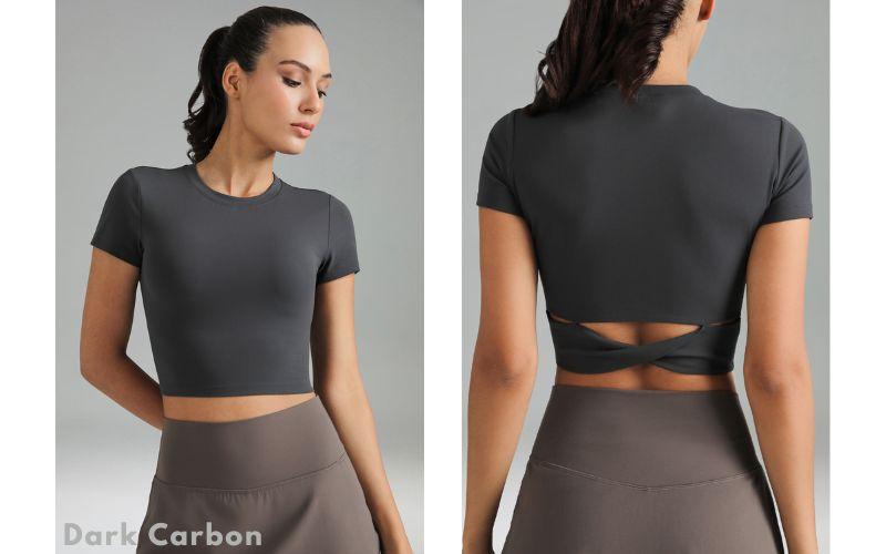 Colorfulkoala Women's Dreamlux Cross-Back Crew Neck Top with Short Sleeves Form-Fitting Athletic Shirt