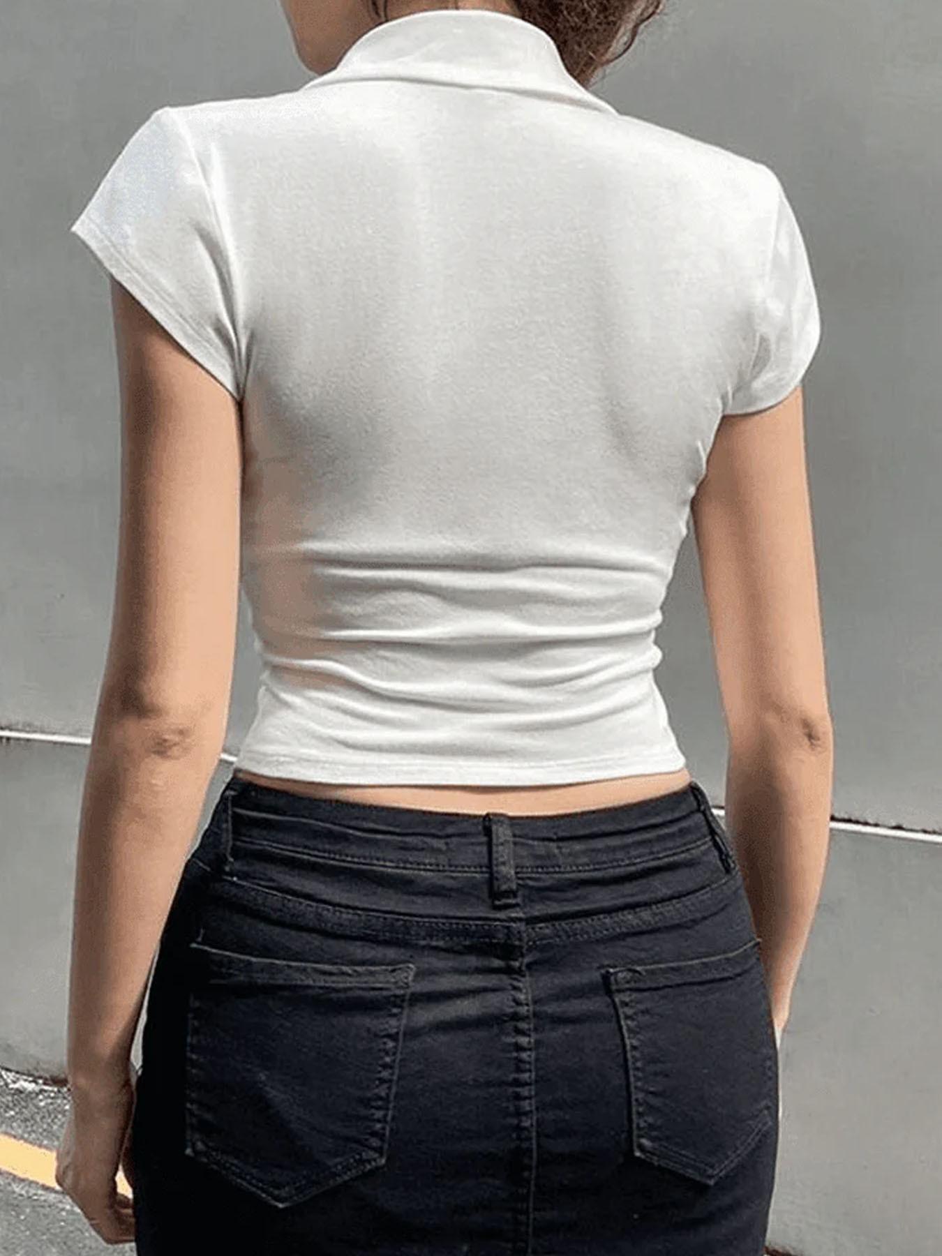 Women's Vintage Fitted Cap Sleeve Button Up Blouse, Solid White Asymmetrical Hem Crop Shirt, Casual Office & Street Outfit