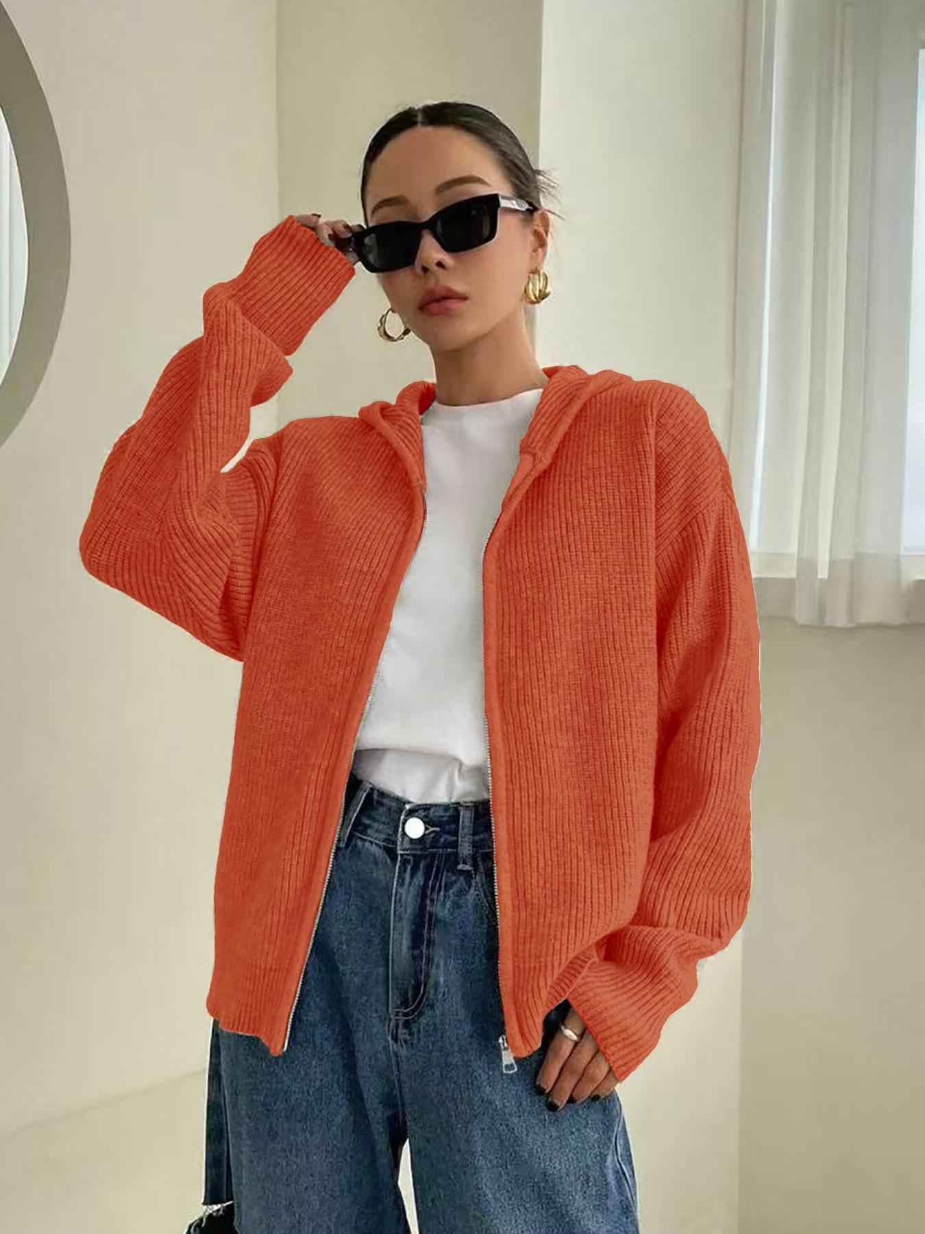 Women's Solid-Color Zip-Up Hooded Cardigan, Womenswear Casual Fit Basic Long Sleeve Knitting Knitwear for Fall & Winter, Ladies' Fashion Sweater for Daily Wear