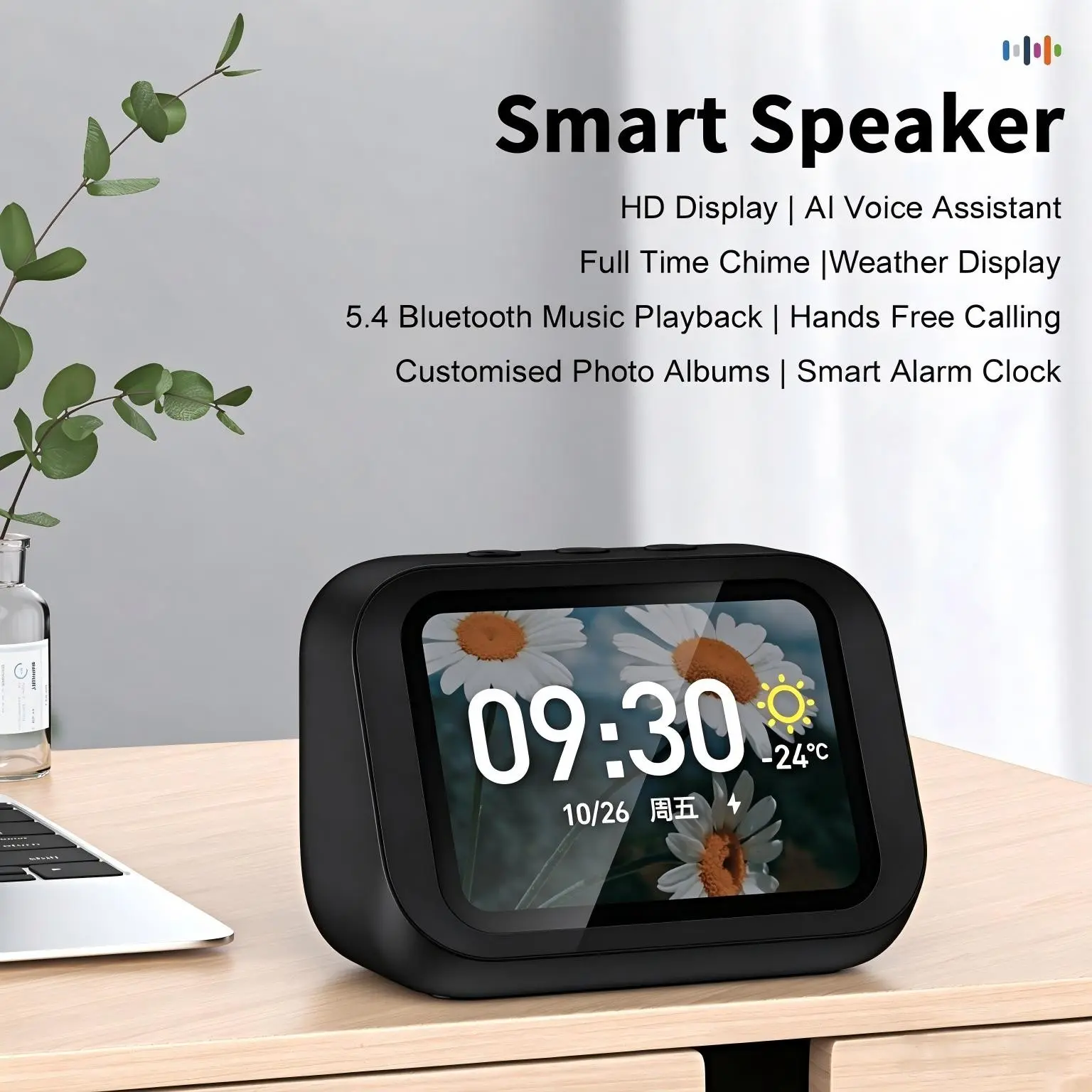 Ai Smart Speaker with Intelligent Alarm Clock, Wireless Bluetooth-compatible Speaker, Dynamic RGB Lights, High-Definition Display, 1800mah Battery