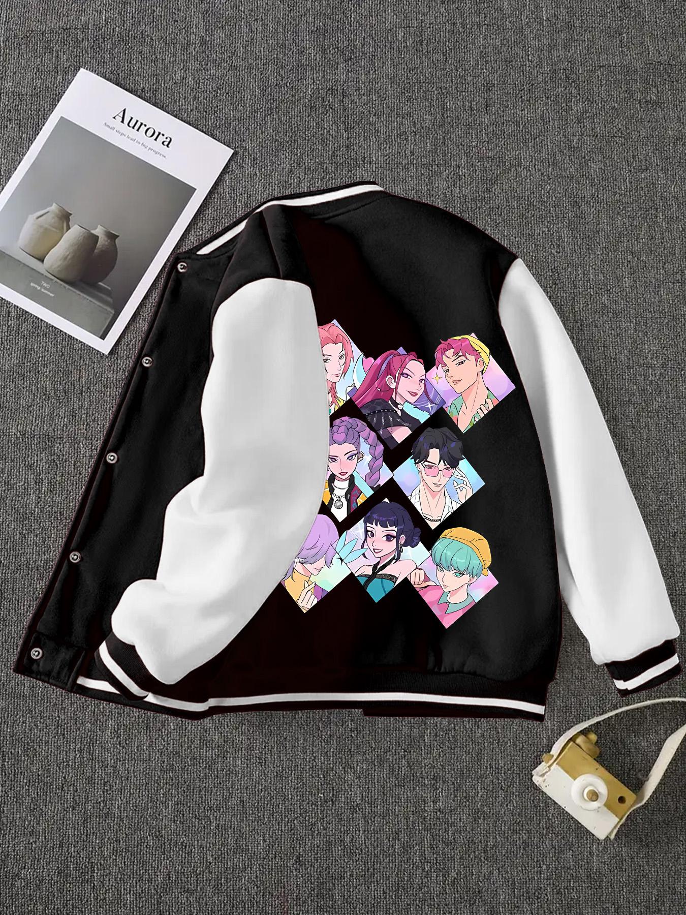 Girls' Spring & Fall Fashion Kpop Series Print Fleece Lined Jacket, Cute Letter Pattern Baseball Coat, Casual Preppy Style Outerwear, Casual Comfy Jacket