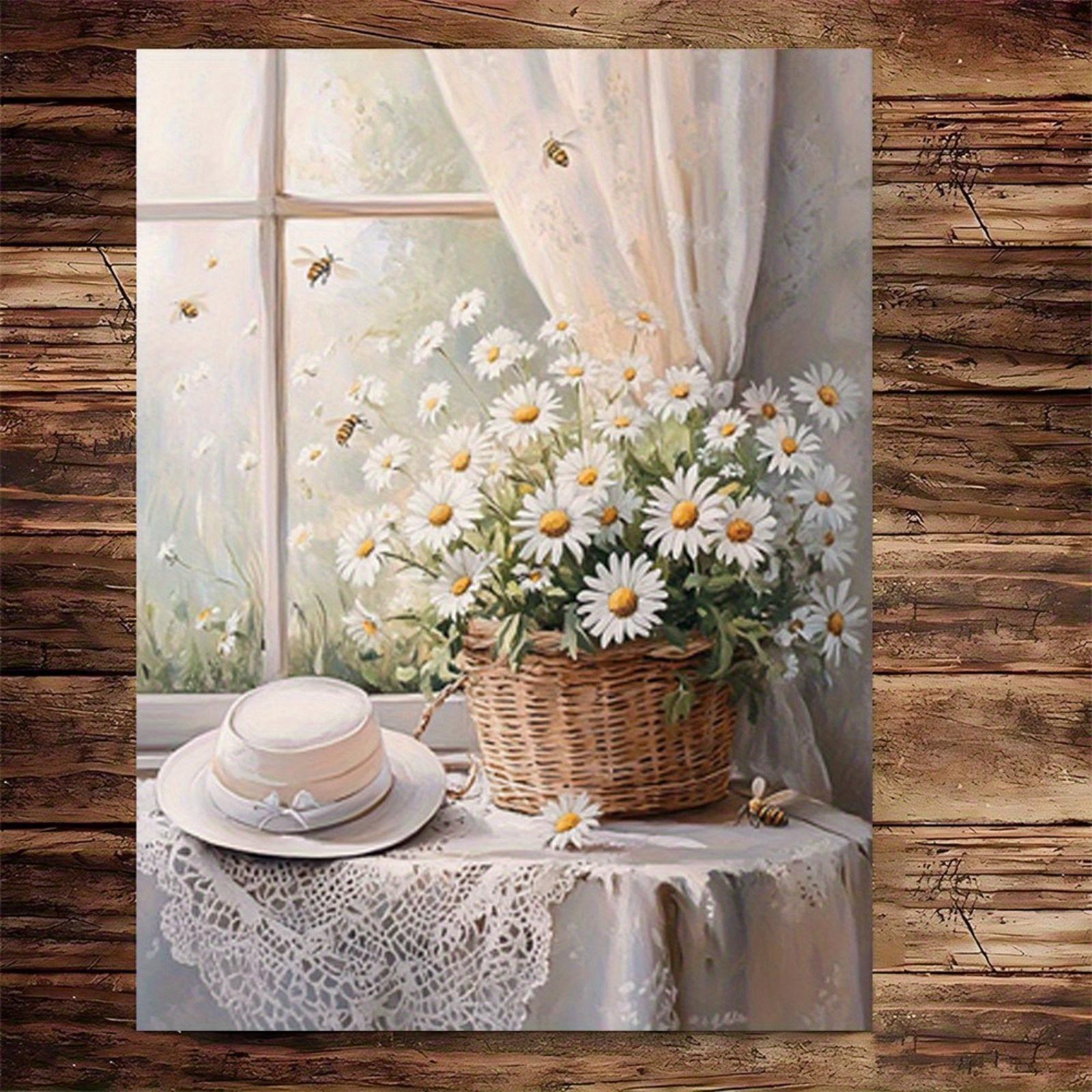 JIT 1PC Rustic Daisy Basket Canvas Art - Wooden Framed, Ready-to-Hang with White Flowers  Green Leaves, Serene Indoor Wall Decor for Bedroom, Bathroom, or Kitchen, Perfect Holiday Gift for Her or Him, Natureinspired Design, Rustic Home Deco