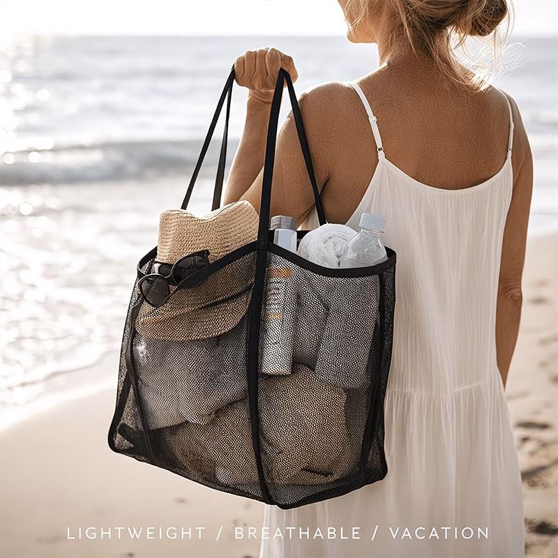 Large Capacity Mesh Beach Tote Bag, Solid Color with Durable Handles, Ideal for Travel, Beach, Vacation, Camping, Multi-Functional Storage Solution