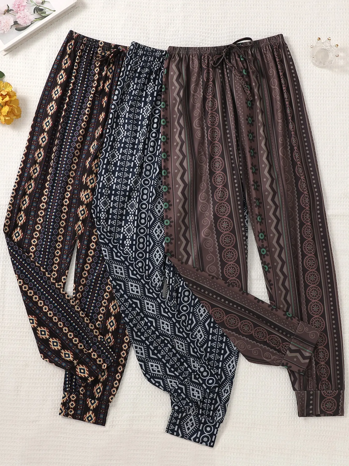 Women's Elastic Waist Sleep Pants Set Loungewear, Pajamas, Fall Pajama Sets, Boho Bohemian Ethnic Style Casual Home Wear, Soft Breathable Fabric for All Seasons