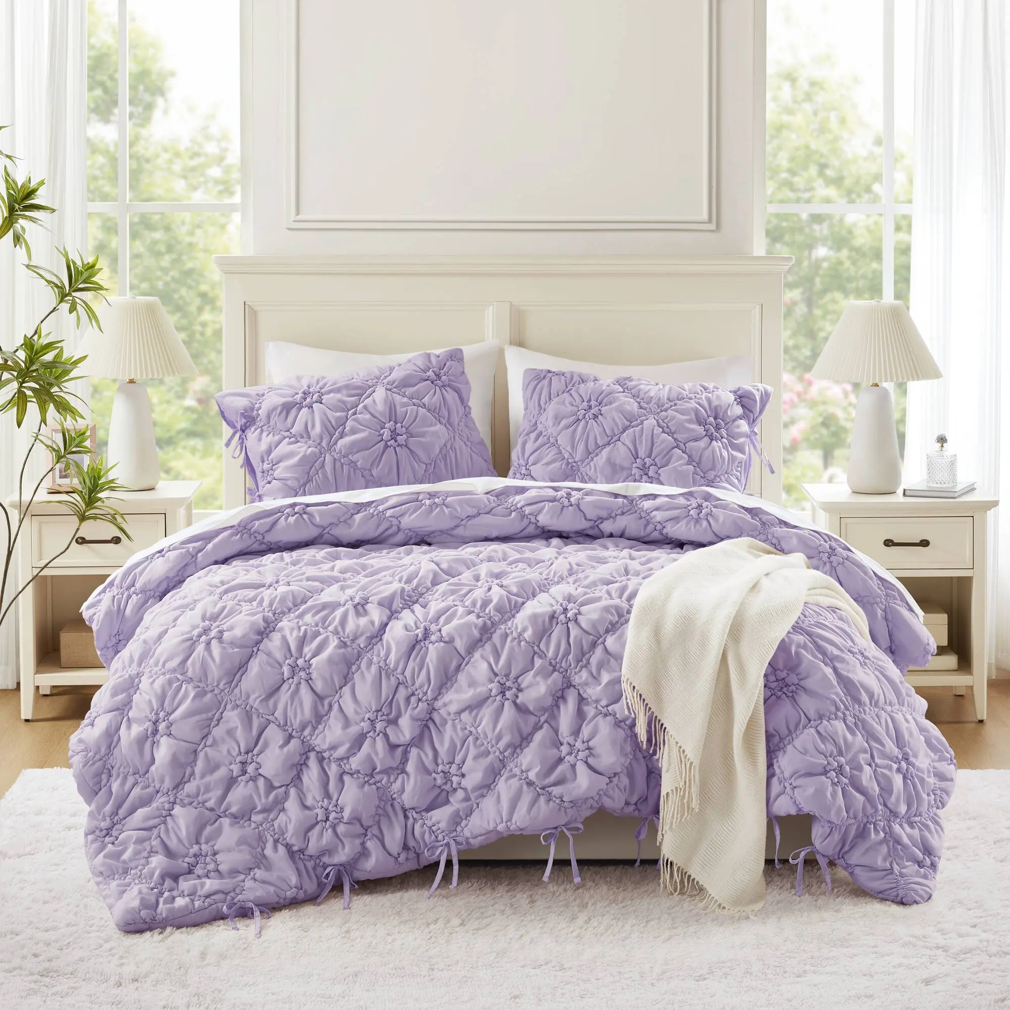Nokaa 3-Piece Full/Queen Comforter Set - Soft Microfiber Floral Bedding with Pillow Shams, Lightweight All-Season Quilt for Bedroom, Guest Room, Dorm - Purple