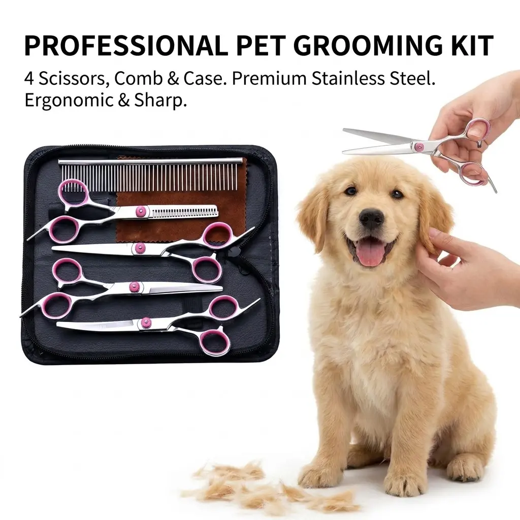 Premium Universal 5-in-1 Dog Grooming Scissors Multi Pack - 5 Scissors, Stainless Steel Pro-Grade Groomer Tools, Ergonomic Design, Beginner-Friendly, Safety Round Tips, Gentle on Fur, Clean Cutting, Less Fur Snagging, Versatile Use