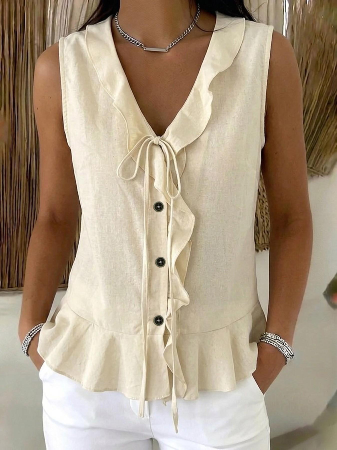Women's V-Neck Ruffle Tie Sleeveless Top Aesthetic Casual Comfortable Daily Wear, 8 Colors Available