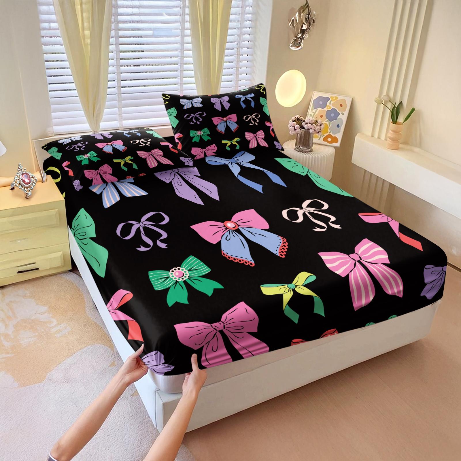3Pcs Lovely Coquette Bow Printed Fitted Sheet Set, Sweet Y2K Style Bed Sheet Set, Soft Wrinkle-Resistant Microfiber, Vibrant Digital Print, Deep Pocket Design, Ideal for Girls Bedroom, Dorm & Guest Room All-Season Decor - No Filling