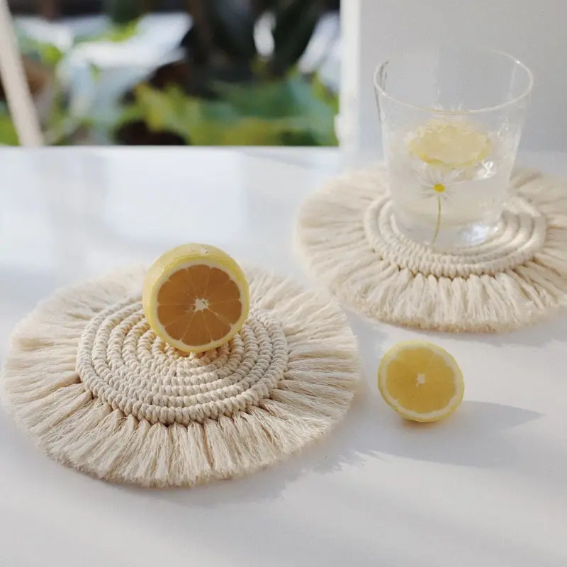 Macrame Non-Slip Round Table Coasters Bohemian Style, Handmade Tassel Fringe Decor Set for Drinks | 2-Pack Two Pieces Macrame Braids